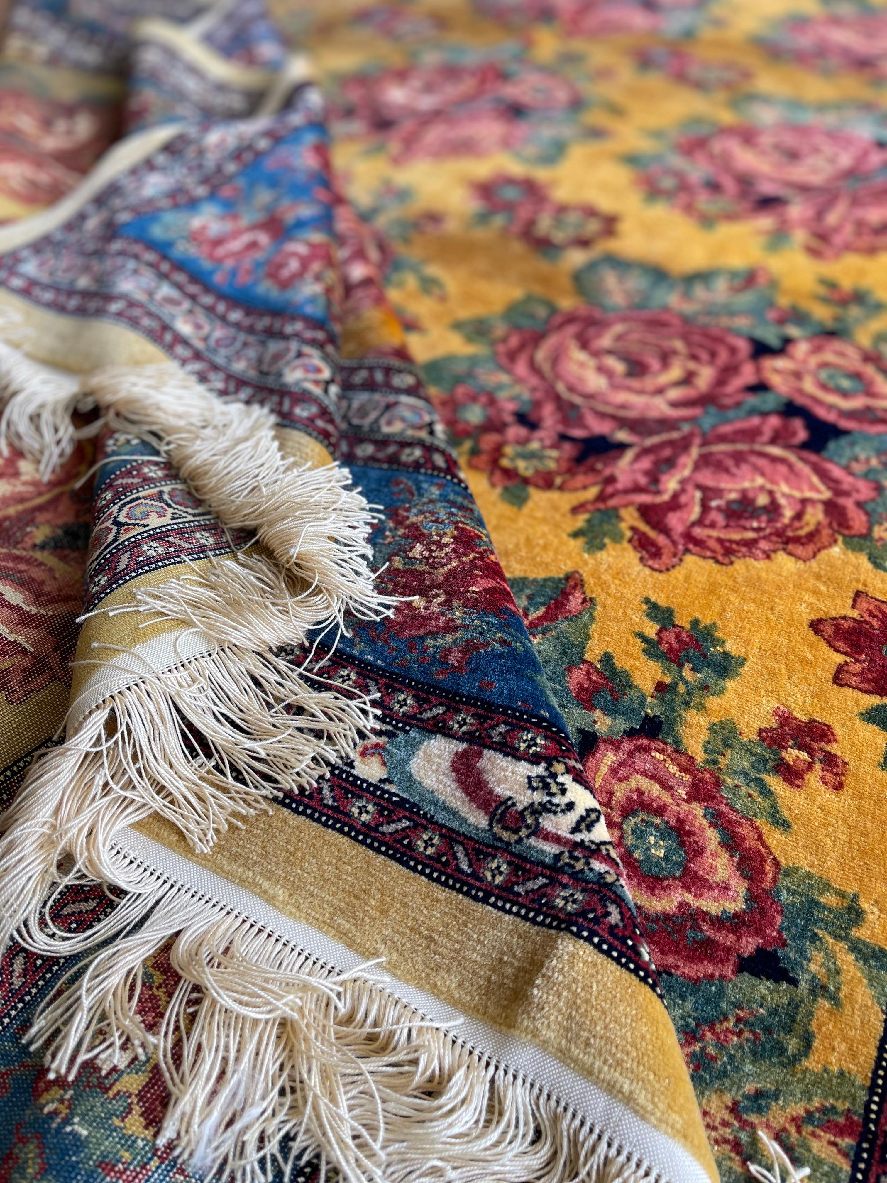  Exclusive Floral Rug, Gold Silk Handwoven Carpet, Kurdish Oriental Rug For Sale 6