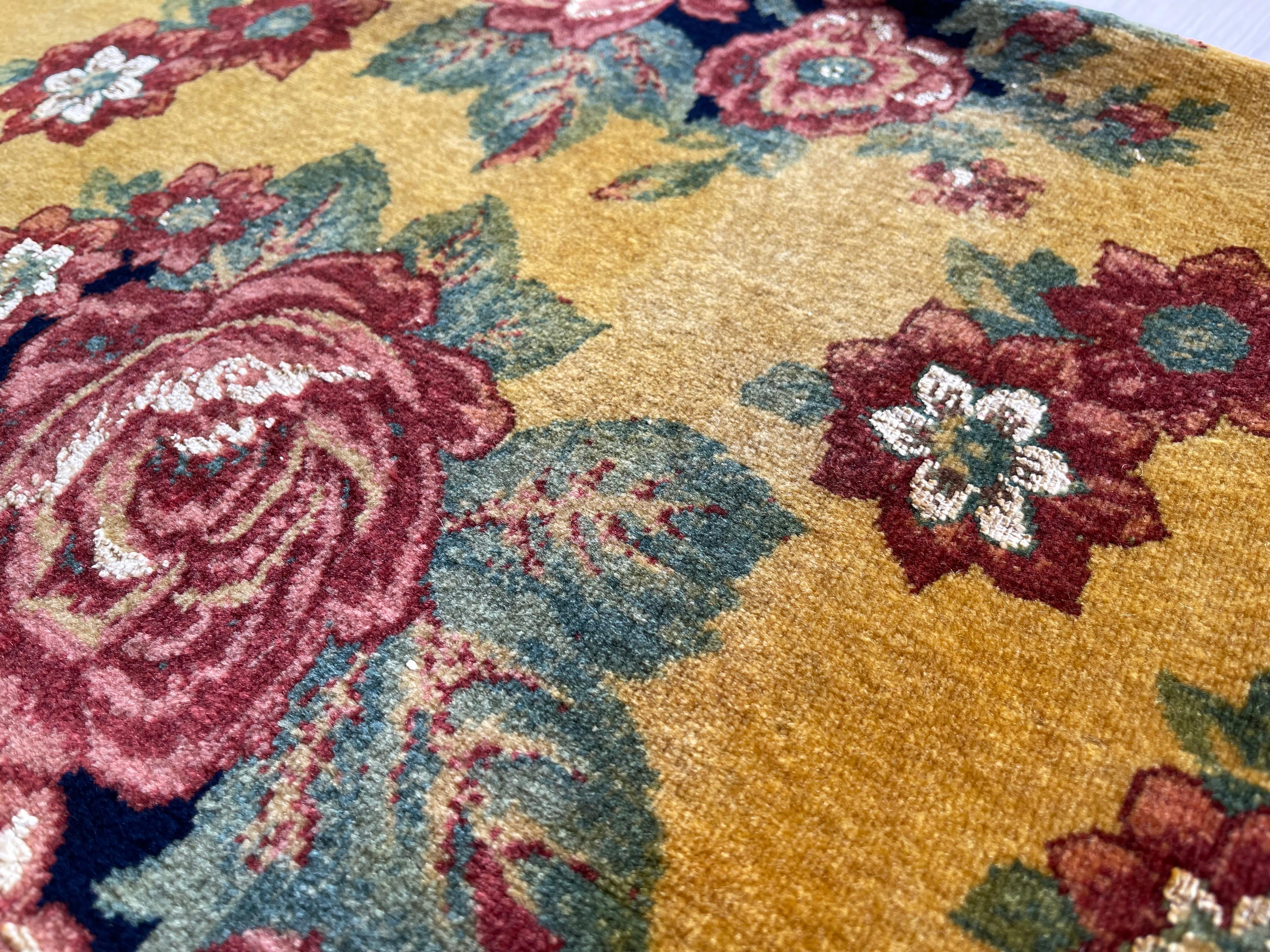  Exclusive Floral Rug, Gold Silk Handwoven Carpet, Kurdish Oriental Rug For Sale 7