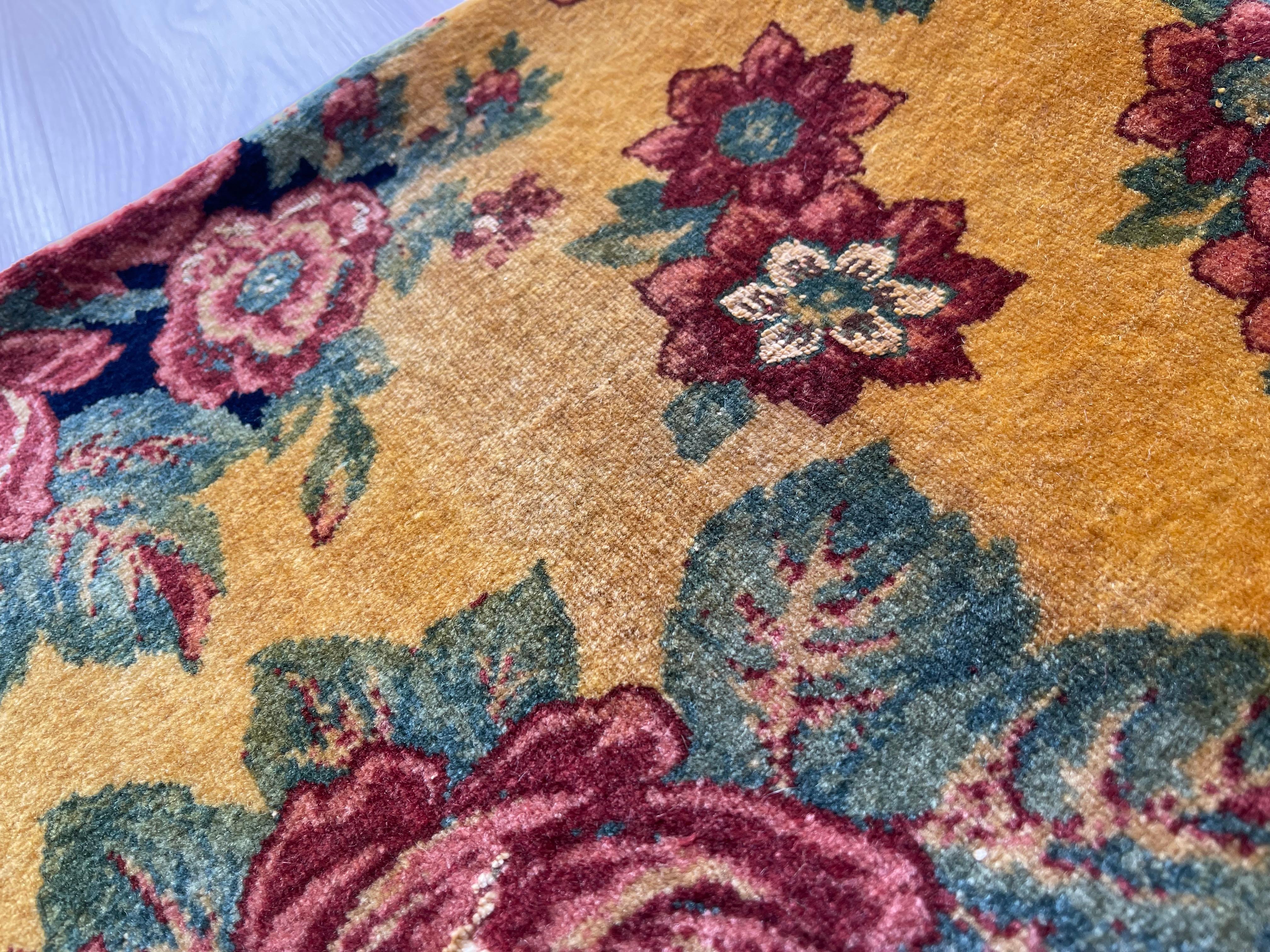  Exclusive Floral Rug, Gold Silk Handwoven Carpet, Kurdish Oriental Rug For Sale 9
