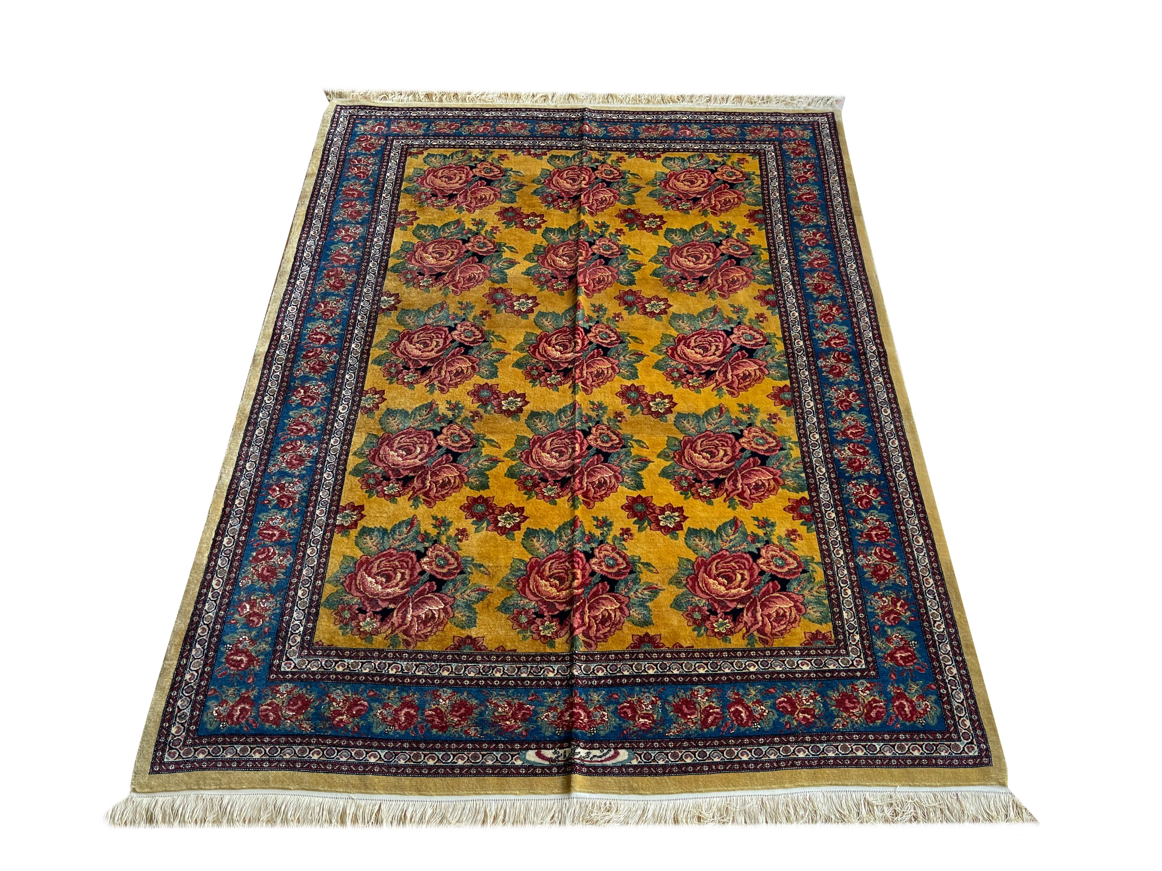 Exclusive magnificent handmade rug made of high-quality materials and design from a very high-end rug workshop.
The background of this floral rug shows this glittery gold rug as very vivid and shiny. 
The design of this rug includes a naturally