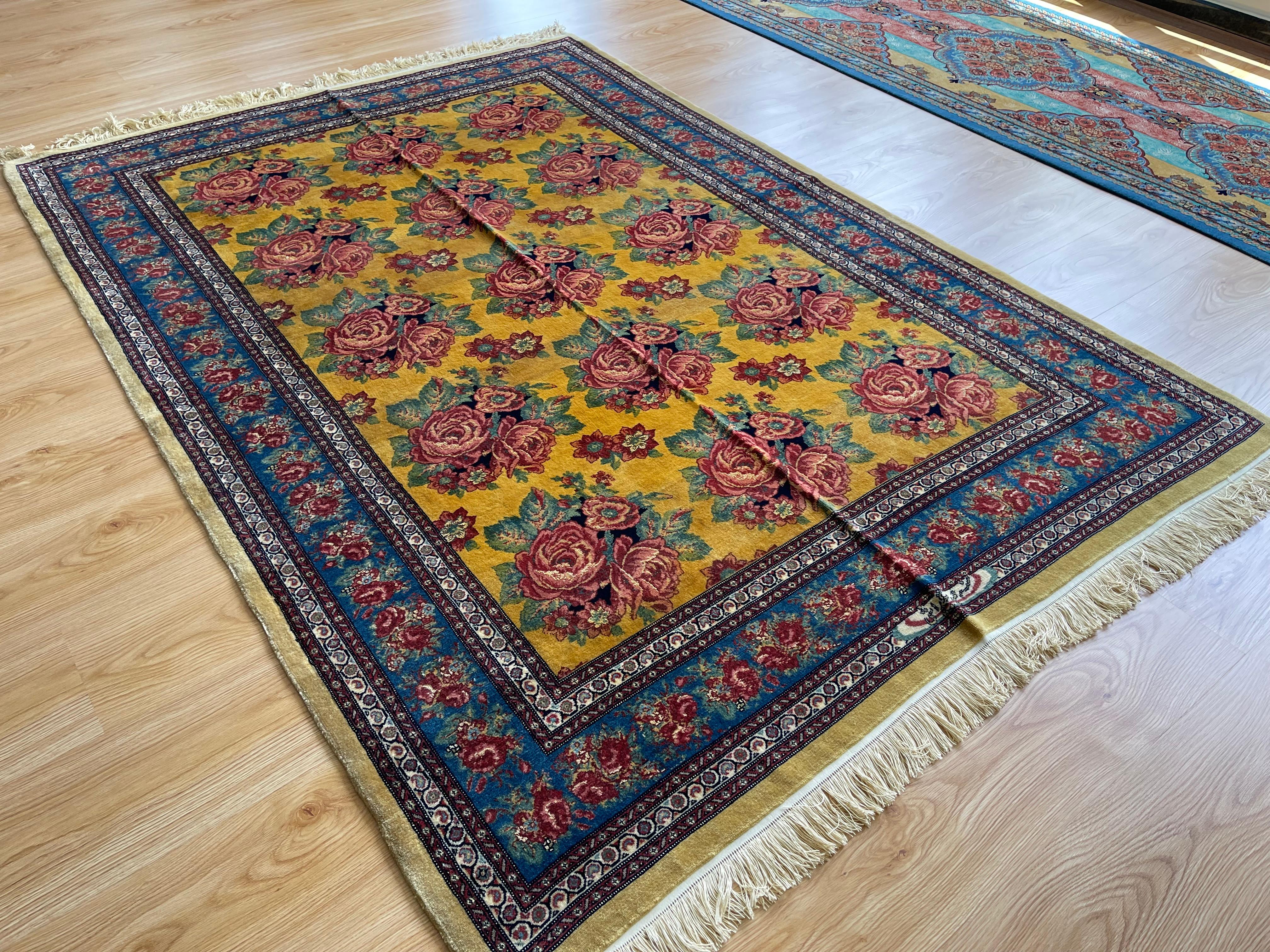 Art Deco Exclusive Floral Rug, Gold Silk Handwoven Carpet, Kurdish Oriental Rug For Sale