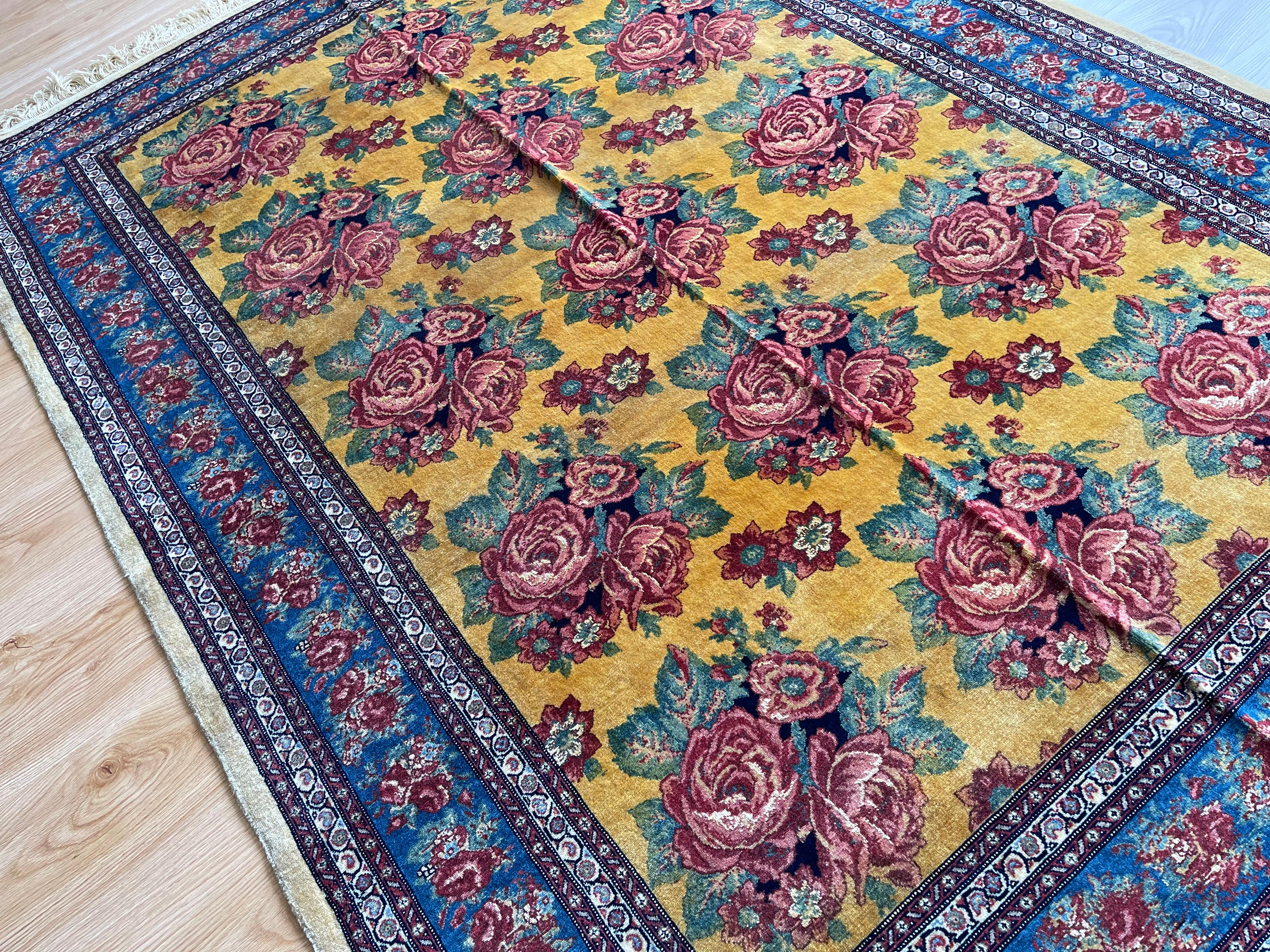 Woven  Exclusive Floral Rug, Gold Silk Handwoven Carpet, Kurdish Oriental Rug For Sale