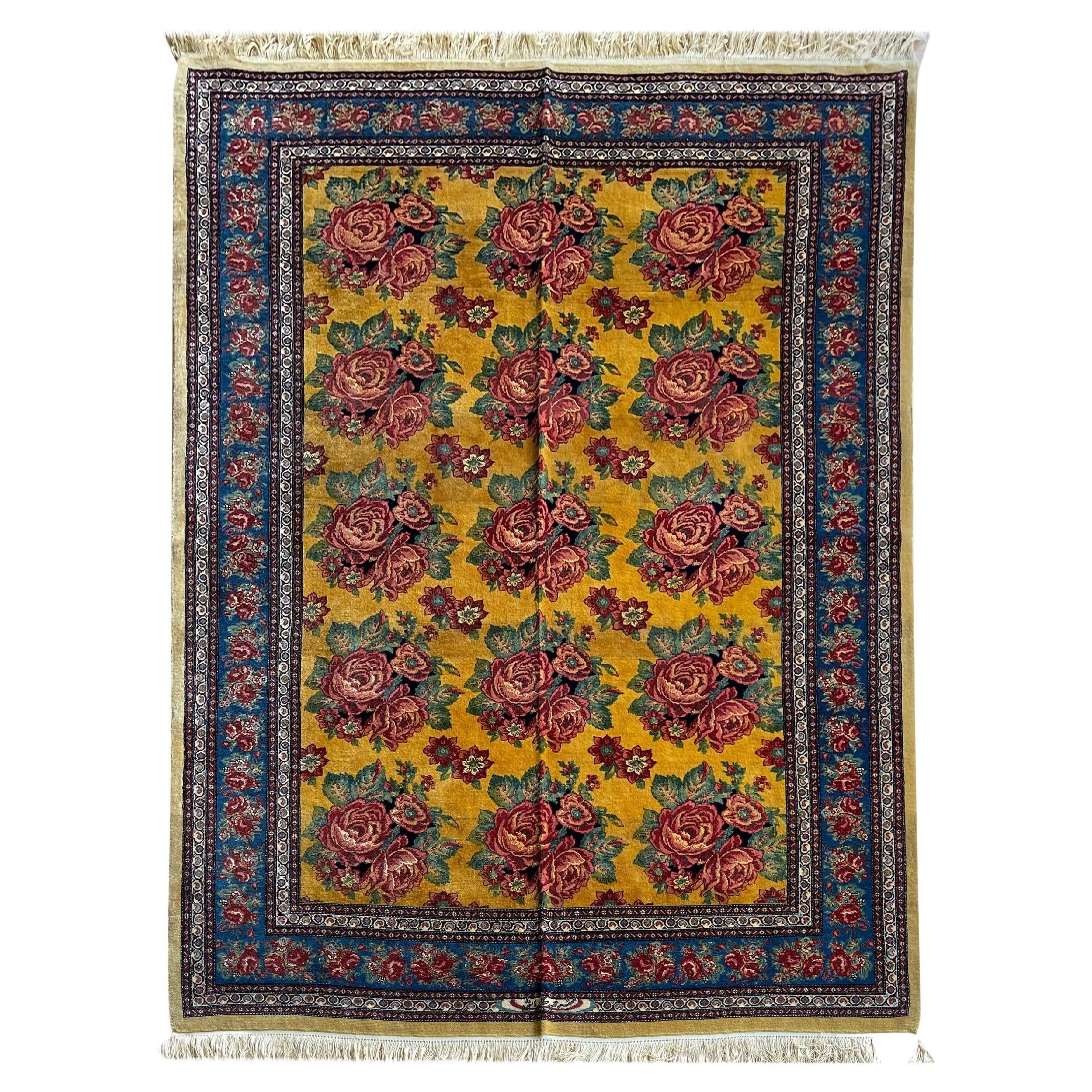 Alfombra Floral Exclusiva, Alfombra Tejida a Mano en Seda Dorada, Alfombra Oriental Kurda