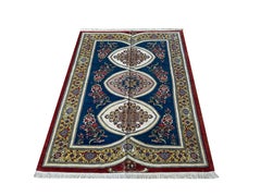Tapis floral exclusif, tapis tissé à la main en soie dorée et Kurk, tapis oriental kurde