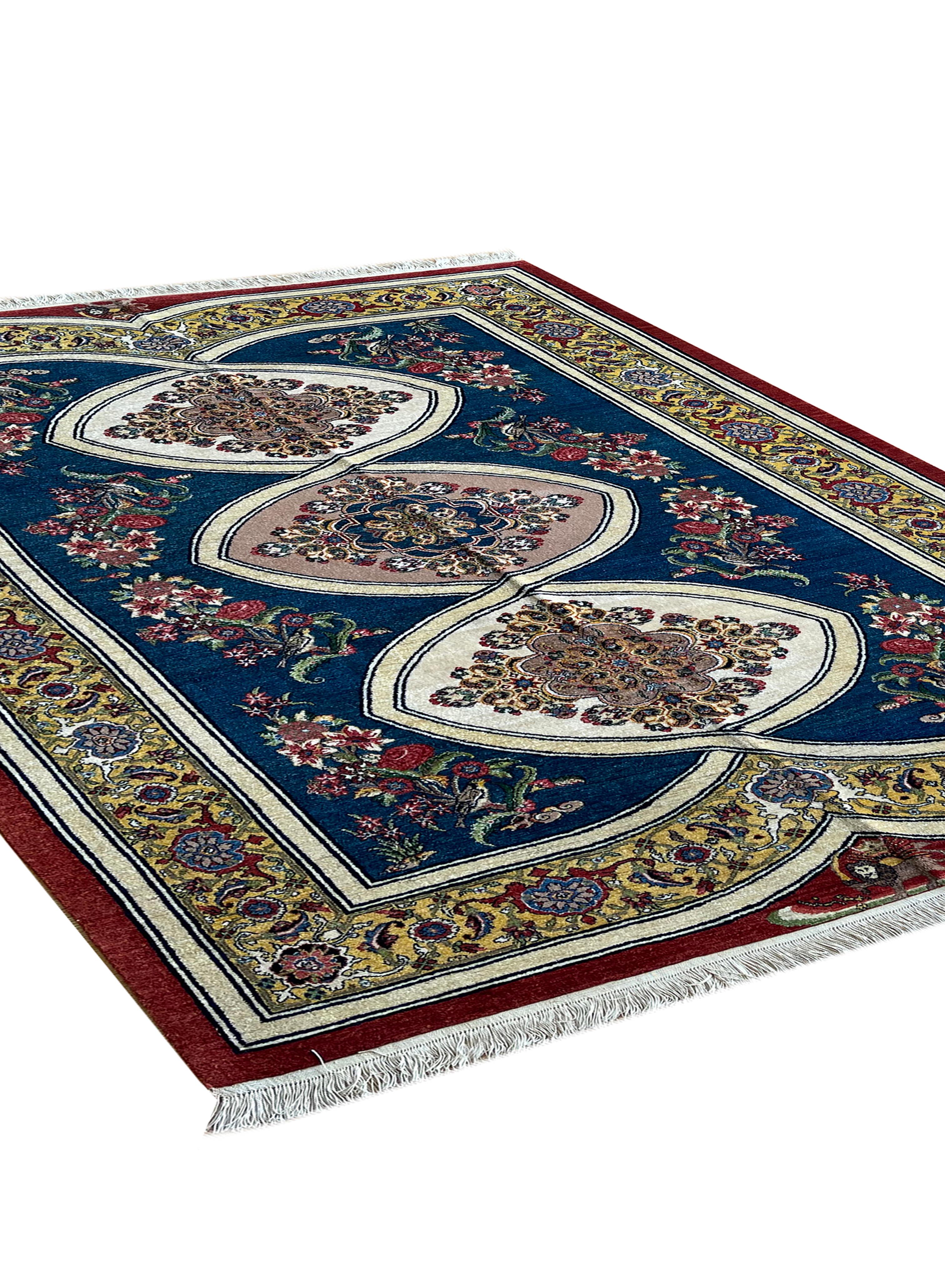 Art Deco Exclusive Floral Rug, Gold Silk & Kurk Handwoven Carpet, Kurdish Oriental Rug For Sale