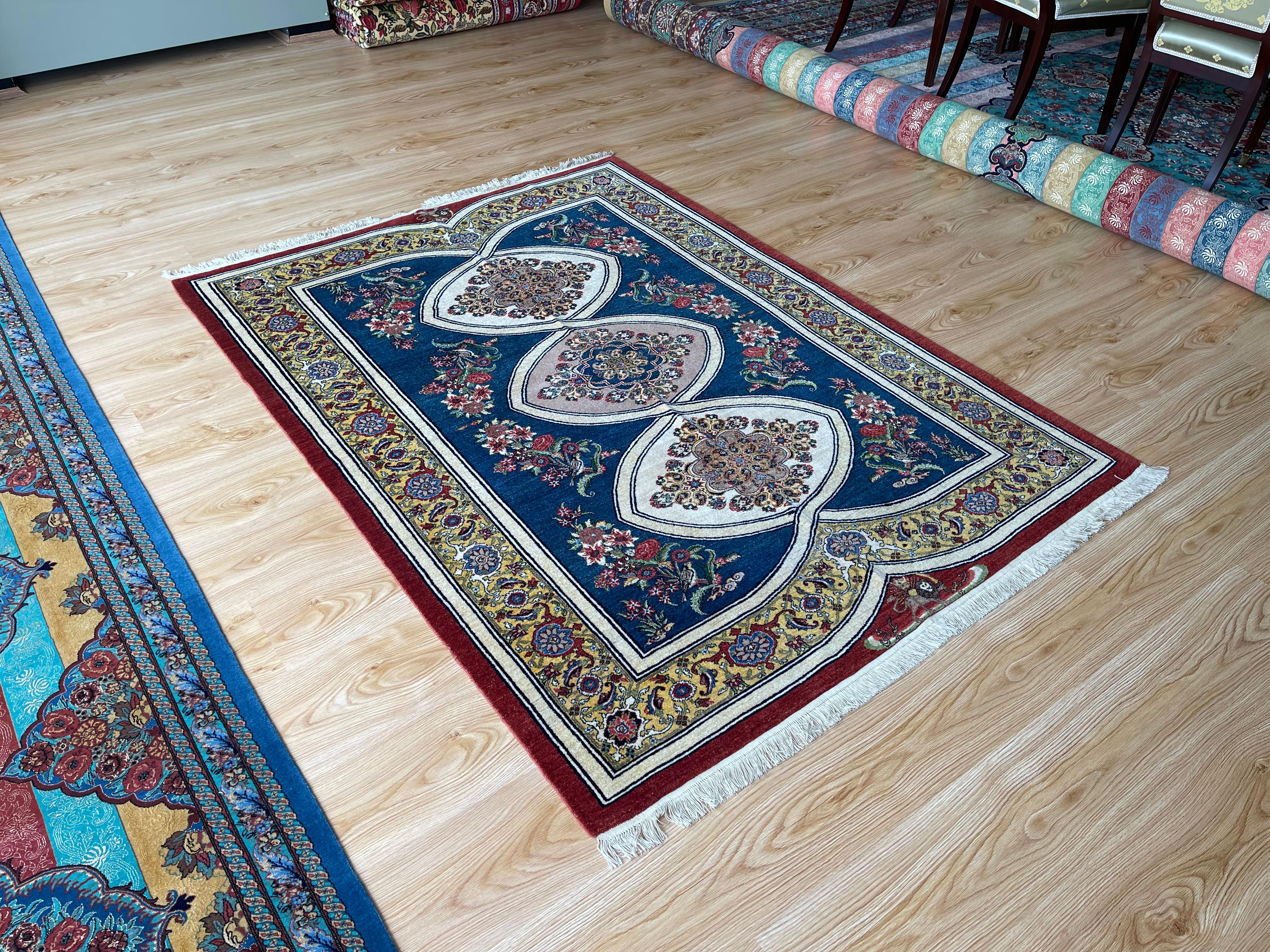 Exclusive Floral Rug, Gold Silk & Kurk Handwoven Carpet, Kurdish Oriental Rug In Excellent Condition For Sale In Hampshire, GB