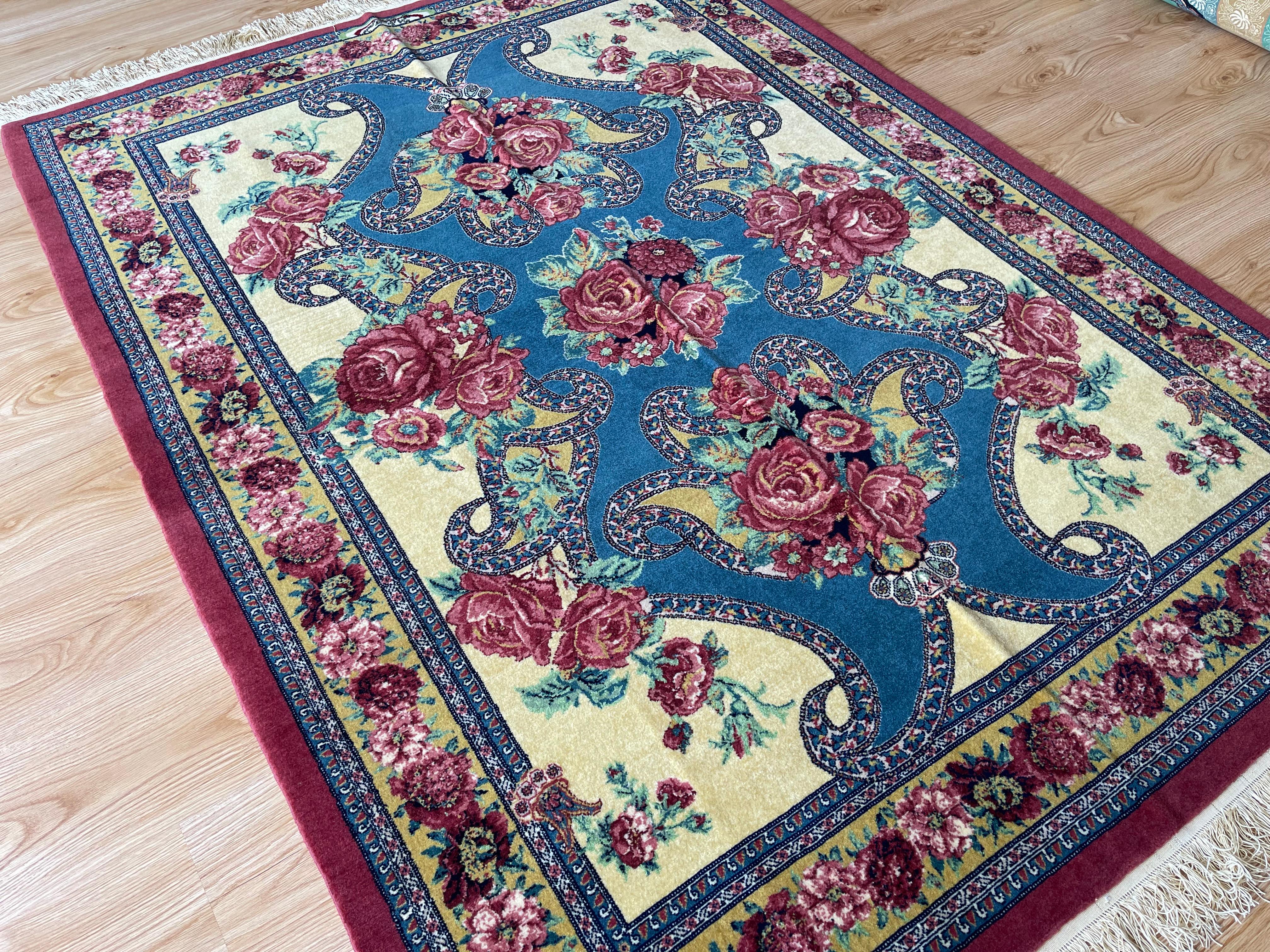 Vegetable Dyed Exclusive Floral Rug, Silk Handwoven Carpet, Kurdish Oriental Rug For Sale