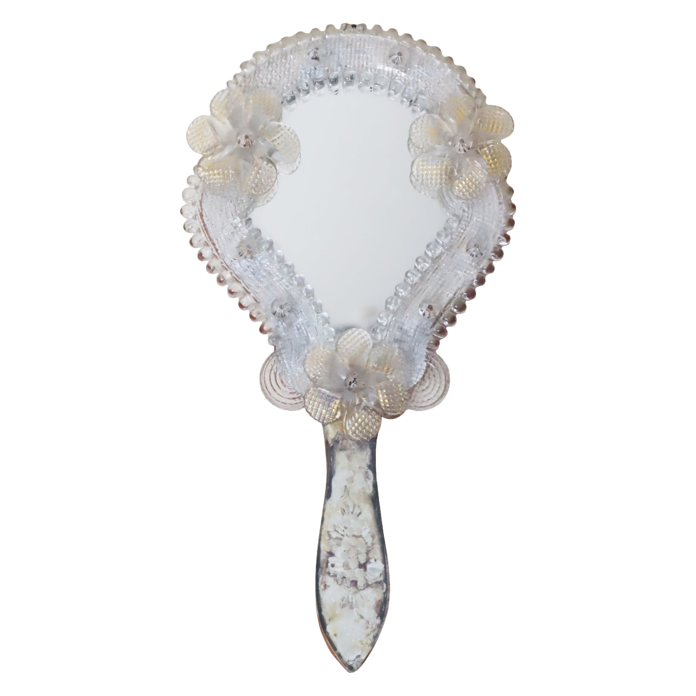 Miroir à main vénitien floral exclusif en verre de Murano, Italie années 1950 en vente