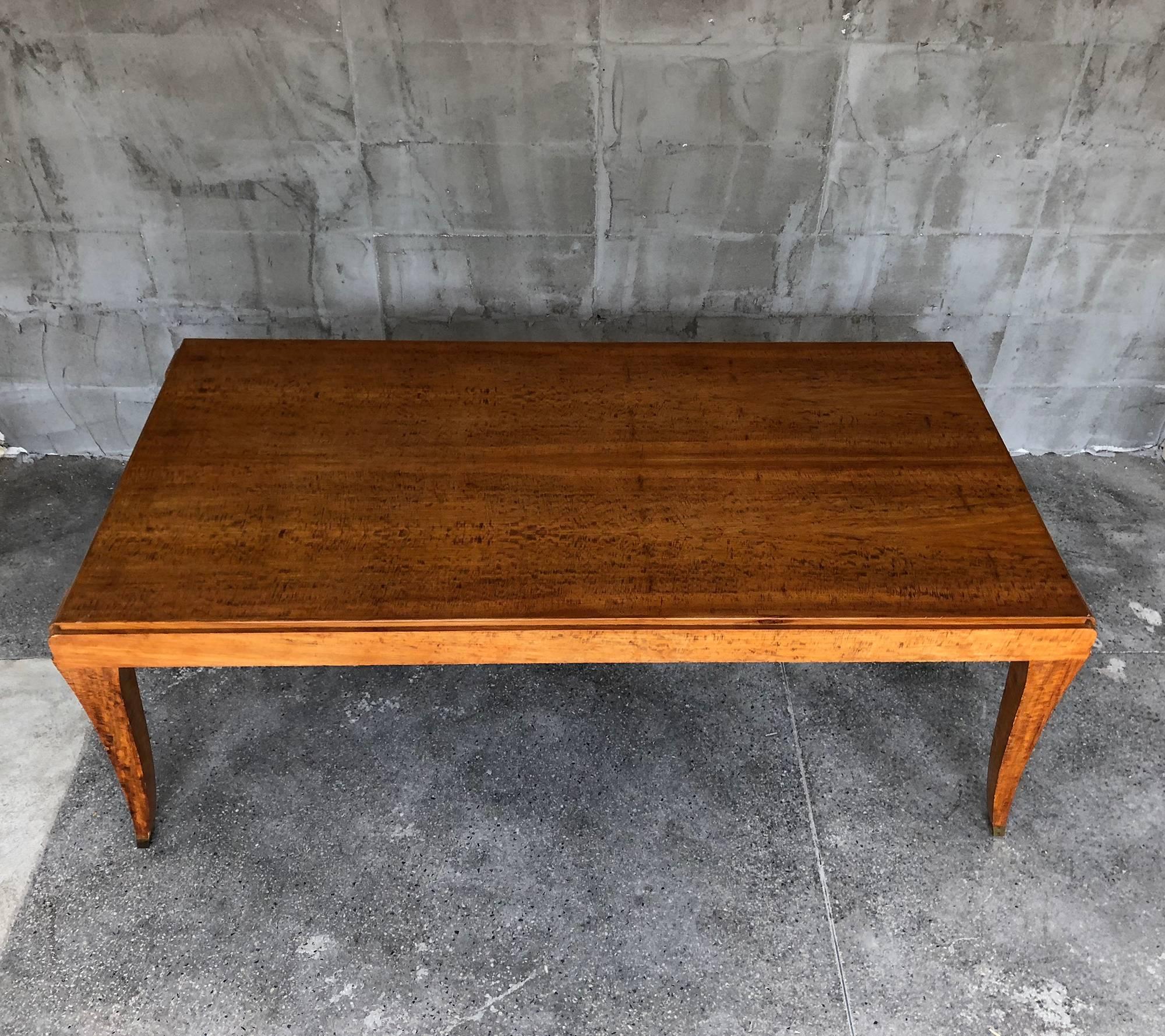 Very rare as a design high quality French dining table, eucalyptus veneer. The tables has really designed lines and proportions. There are two drawers from the two sides. Metal finishing on the legs.