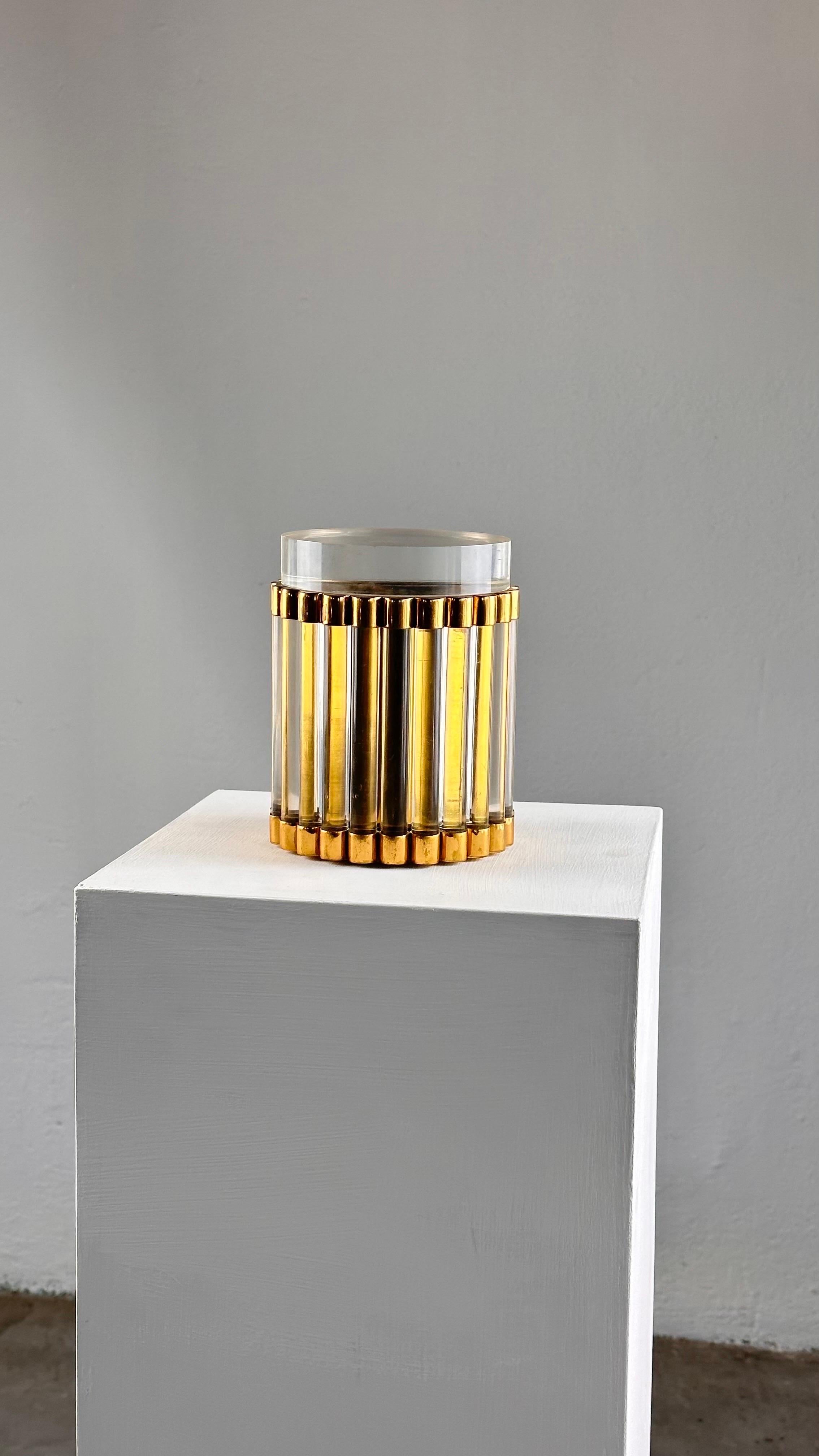 Mid-Century Modern Gabriella Crespi Signed Round Box/Bottle Basket in Plexiglass and Brass, 1970s For Sale