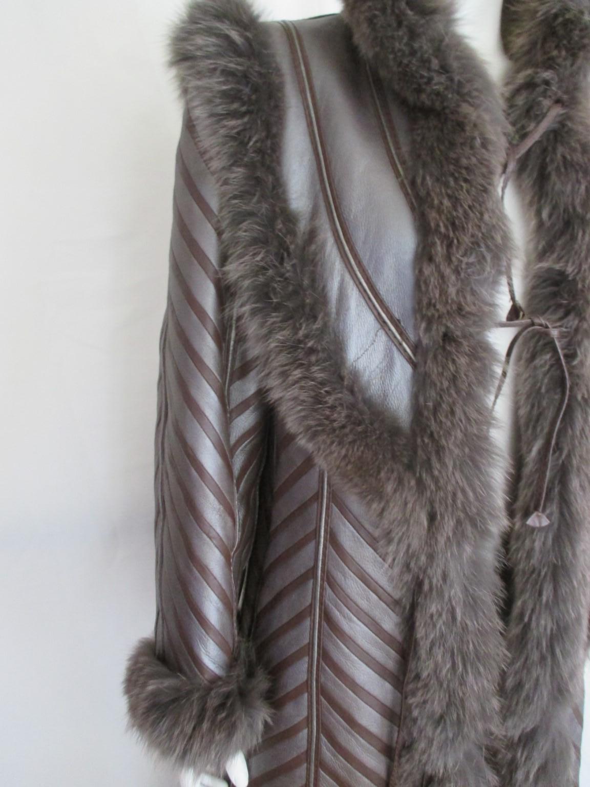 Black Exclusive Bronze Gold Brown Lamb Fox Fur Chevron Leather Coat For Sale