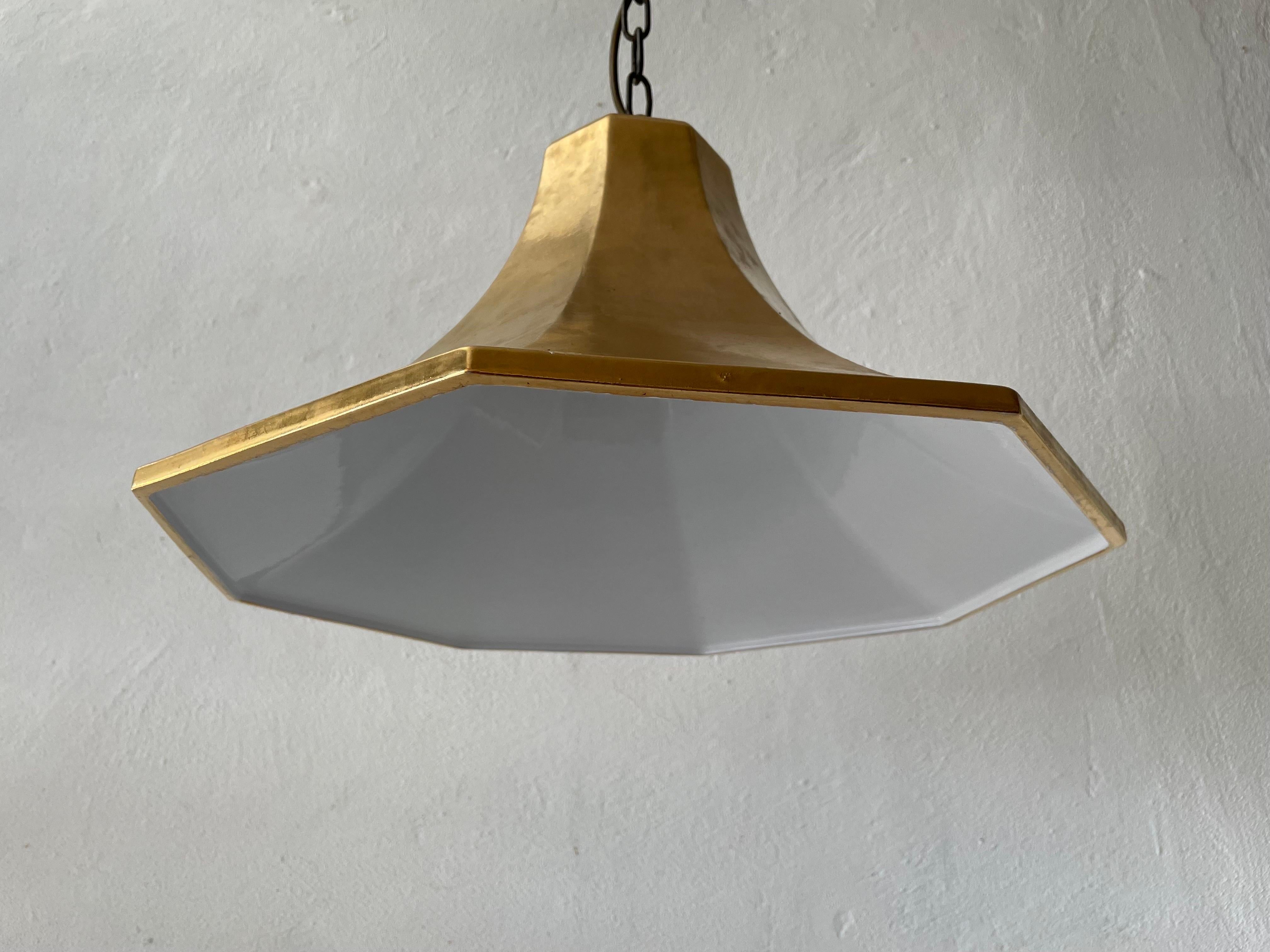 Exclusive gold ceramic pendant lamp by Licht+Wohnen, Karlsruhe, 1970s, Germany.

Lampshade is in very good vintage condition.

This lamp works with E27 light bulb. 
Wired and suitable to use with 220V and 110V for all
