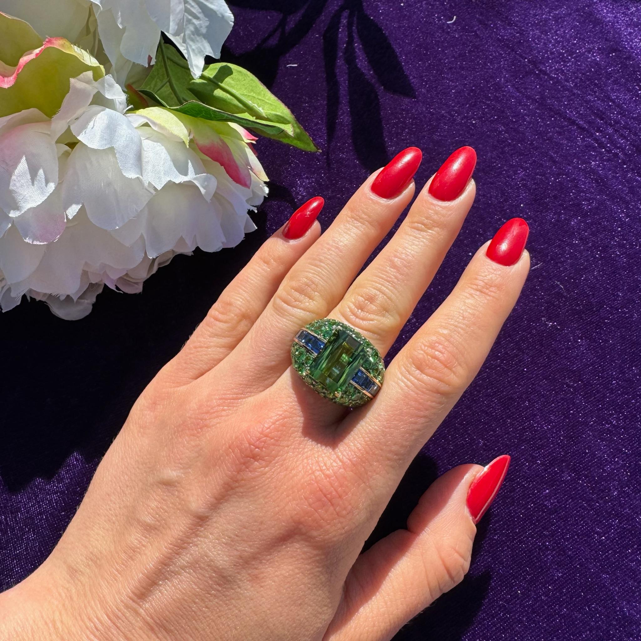 Modern Exclusive Green Tourmaline Sapphire Tsavorite Ring White 18K Gold For Her For Sale