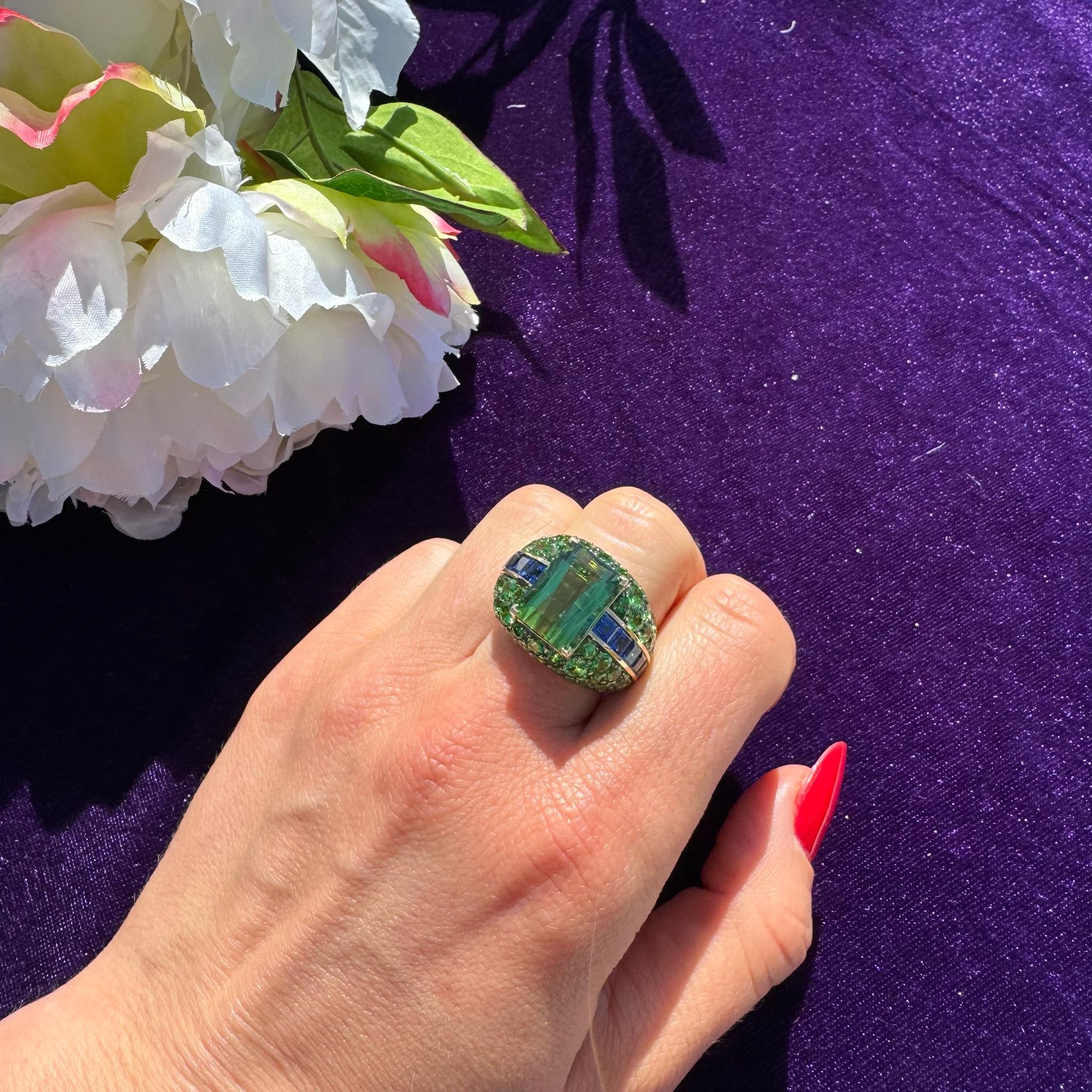 Rough Cut Exclusive Green Tourmaline Sapphire Tsavorite Ring White 18K Gold For Her For Sale