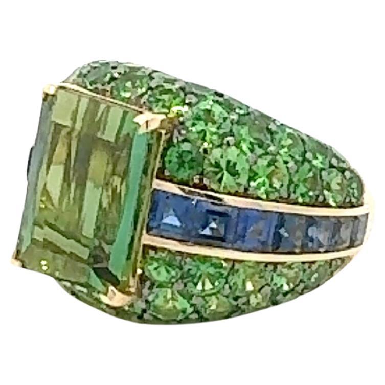 Exclusive Green Tourmaline Sapphire Tsavorite Ring White 18K Gold For Her For Sale