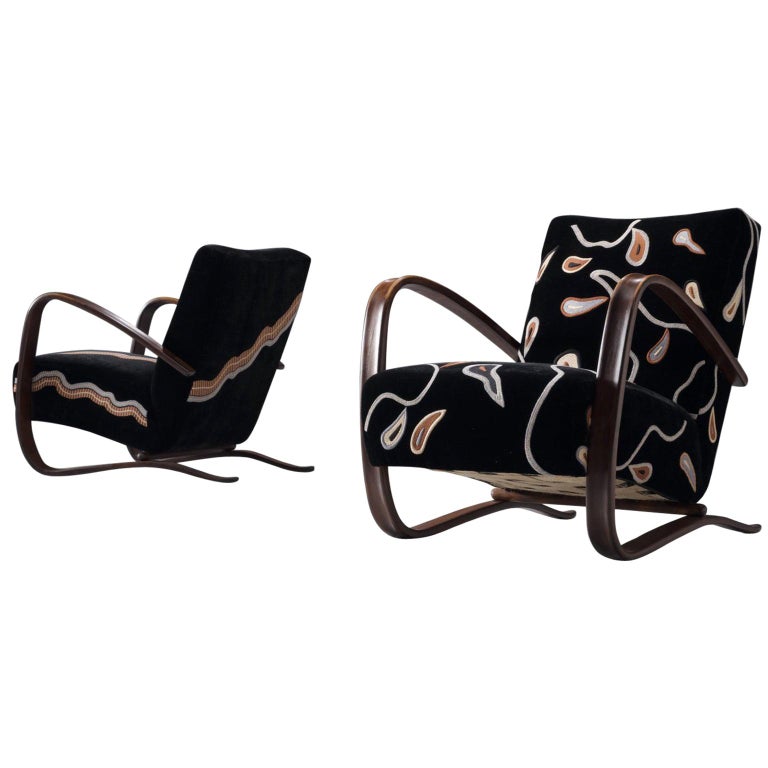 Exclusive Hand Embroidered Jindrich Halabala Lounge Chairs