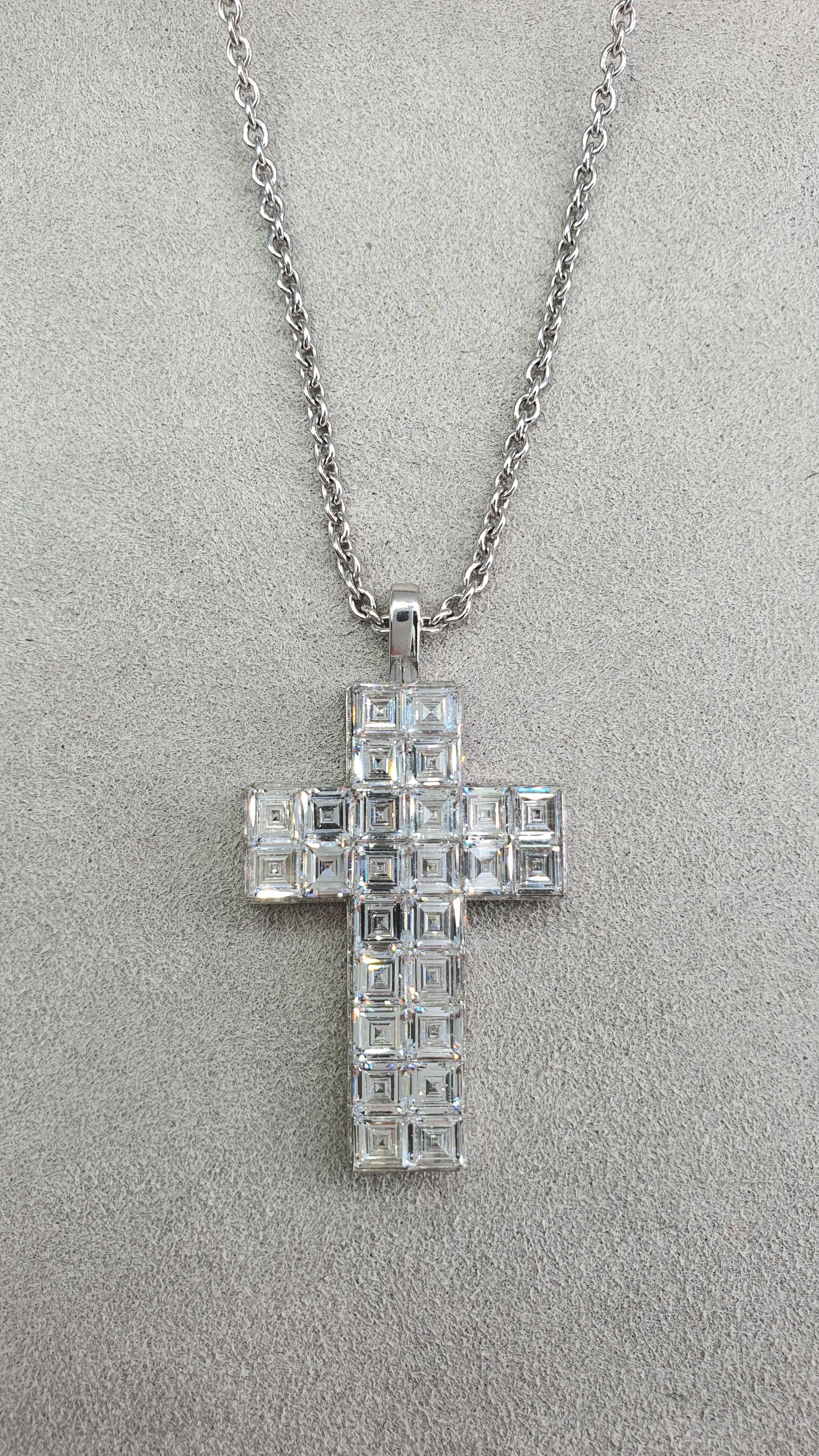 Square Cut Exclusive Invisible Setting 9.8 Carat Diamond 18K White Gold Cross For Sale