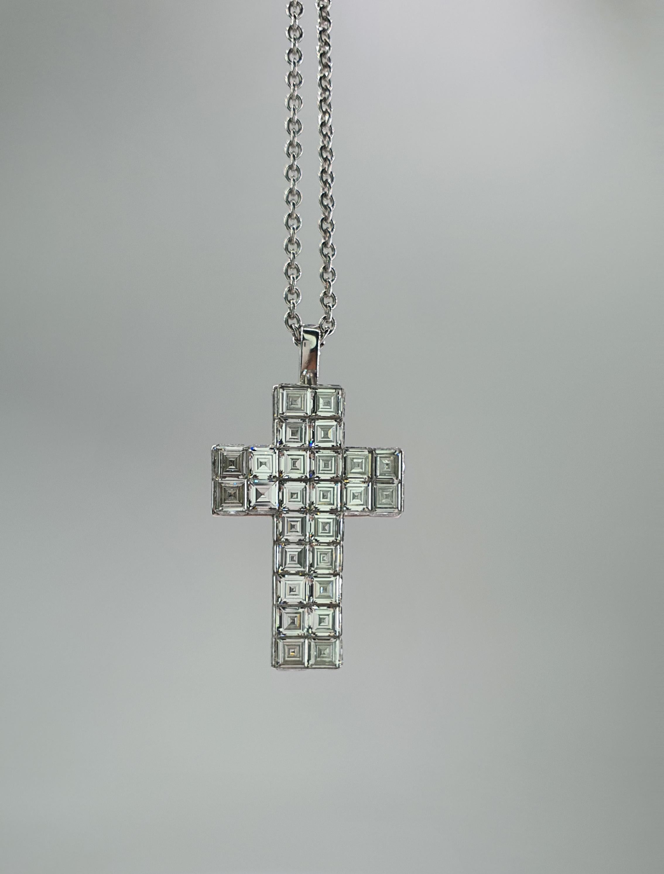Exclusive Invisible Setting 9.8 Carat Diamond 18K White Gold Cross For Sale 2