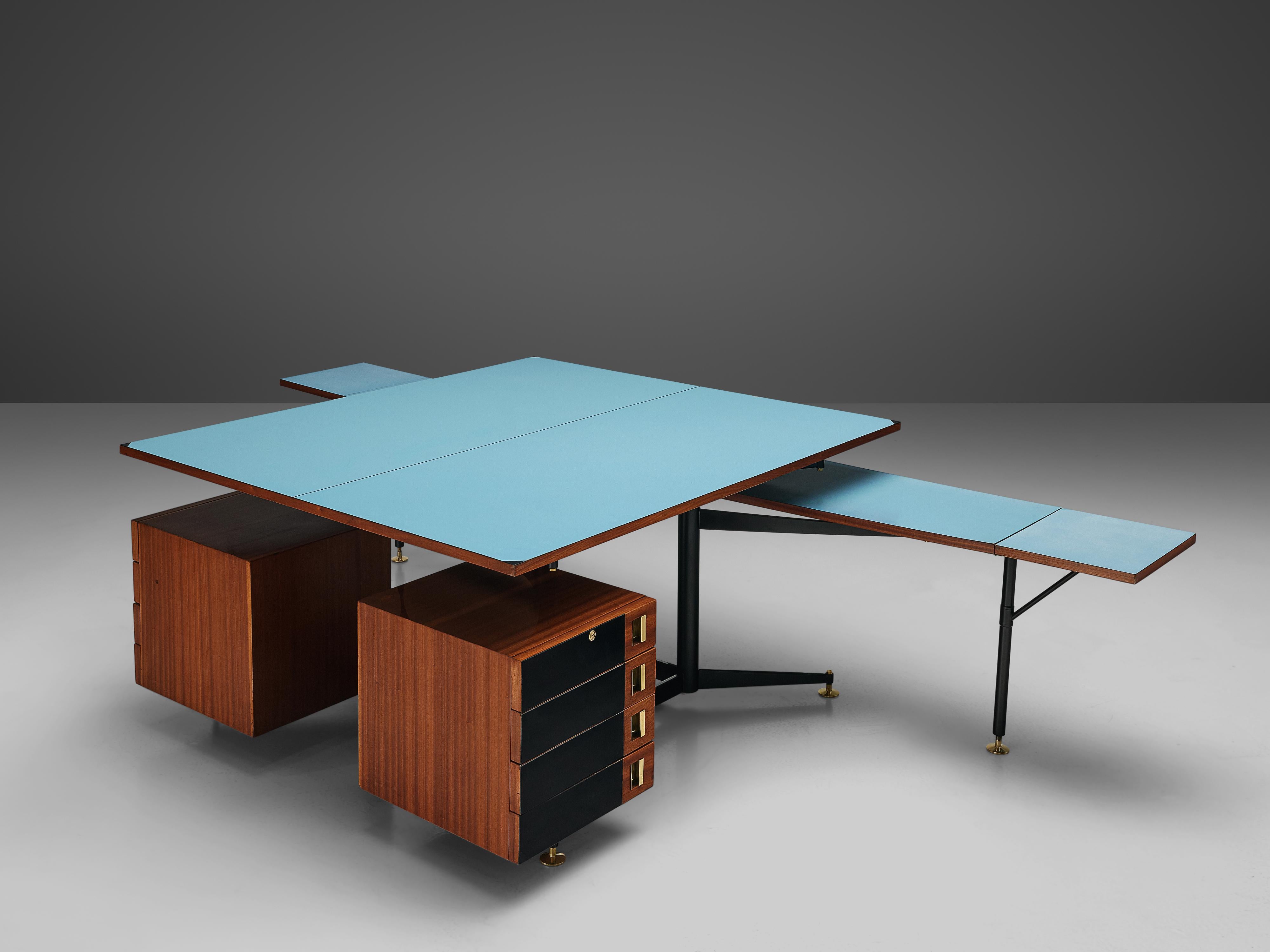 Highly functional double desk with drawers, Italian walnut, blue laminated top, brass, metal, Italy, 1960s 

This versatile desk for two people is functional in many ways. With Italian elegance the design combines useful features without lacking