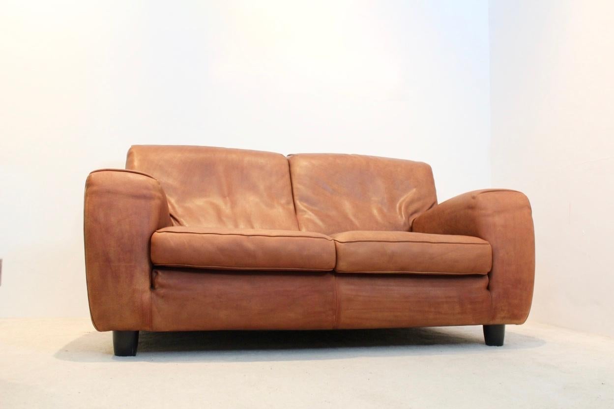 Exclusive Italian Molinari ‘Fatboy’ Two-Seat Sofa in Cognac Bull Leather 3