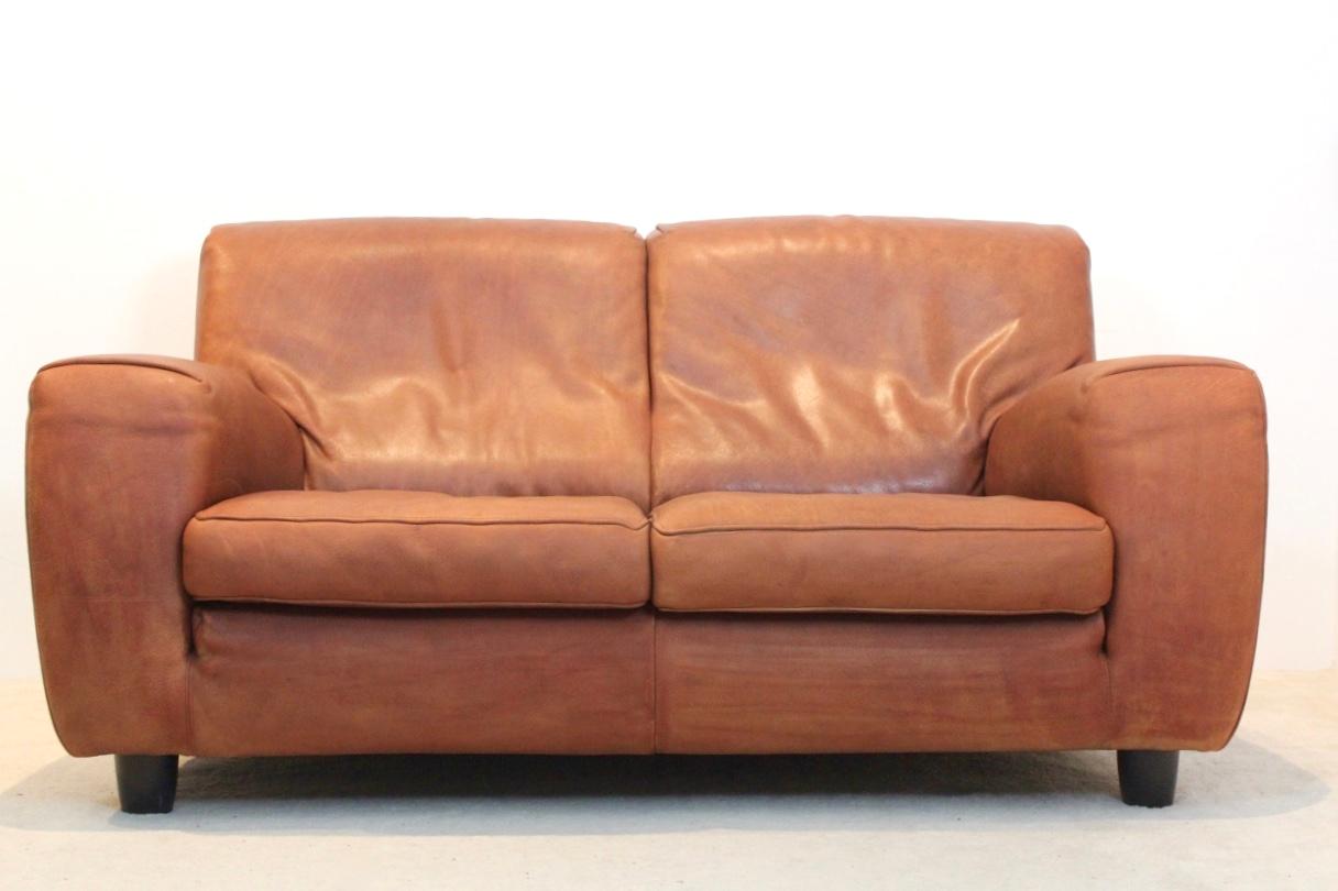Mid-Century Modern Exclusive Italian Molinari ‘Fatboy’ Two-Seat Sofa in Cognac Bull Leather