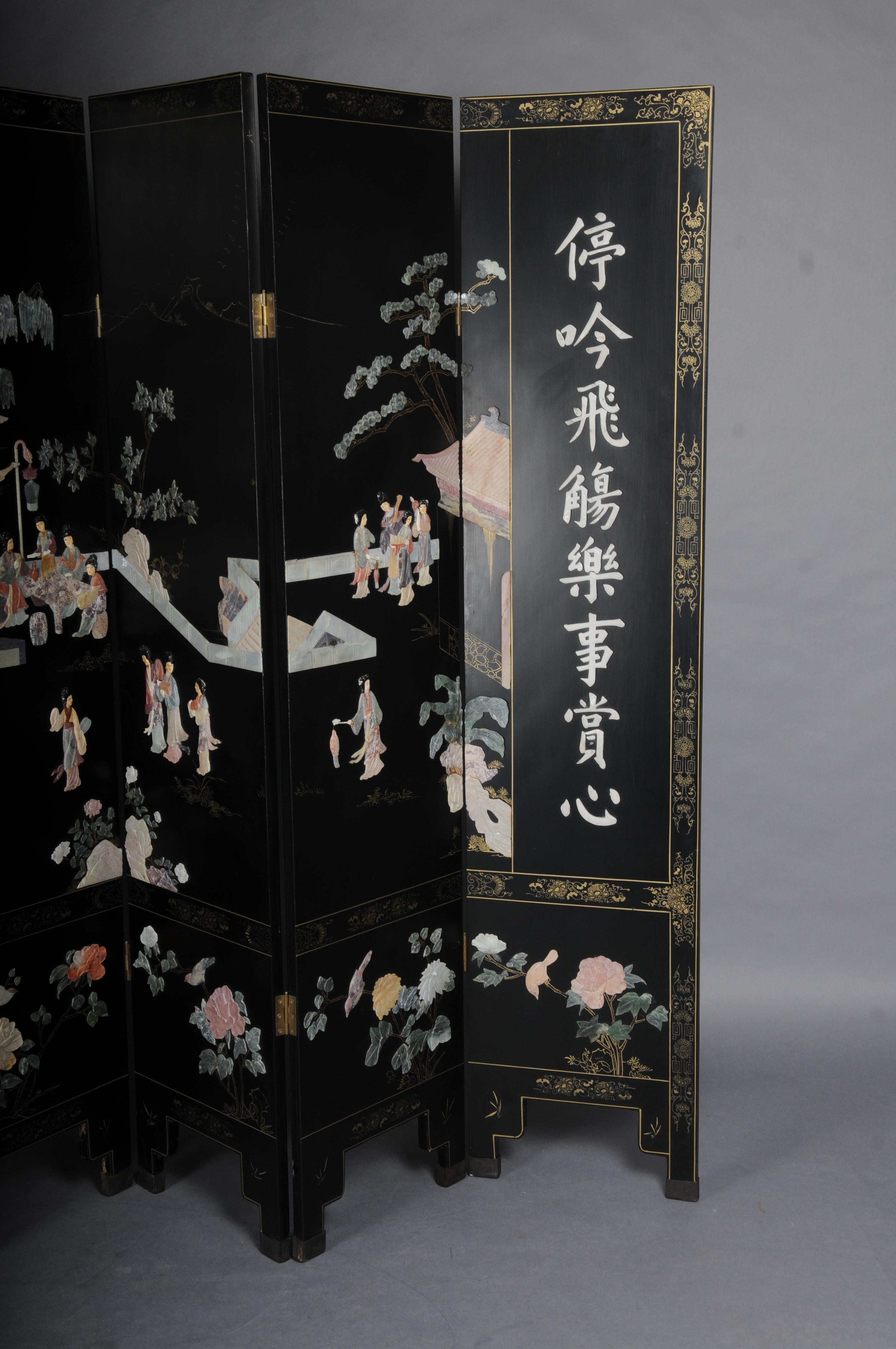 Ebonized Exclusive Japanese screen/room divider made of black lacquer, painted and inlaid For Sale