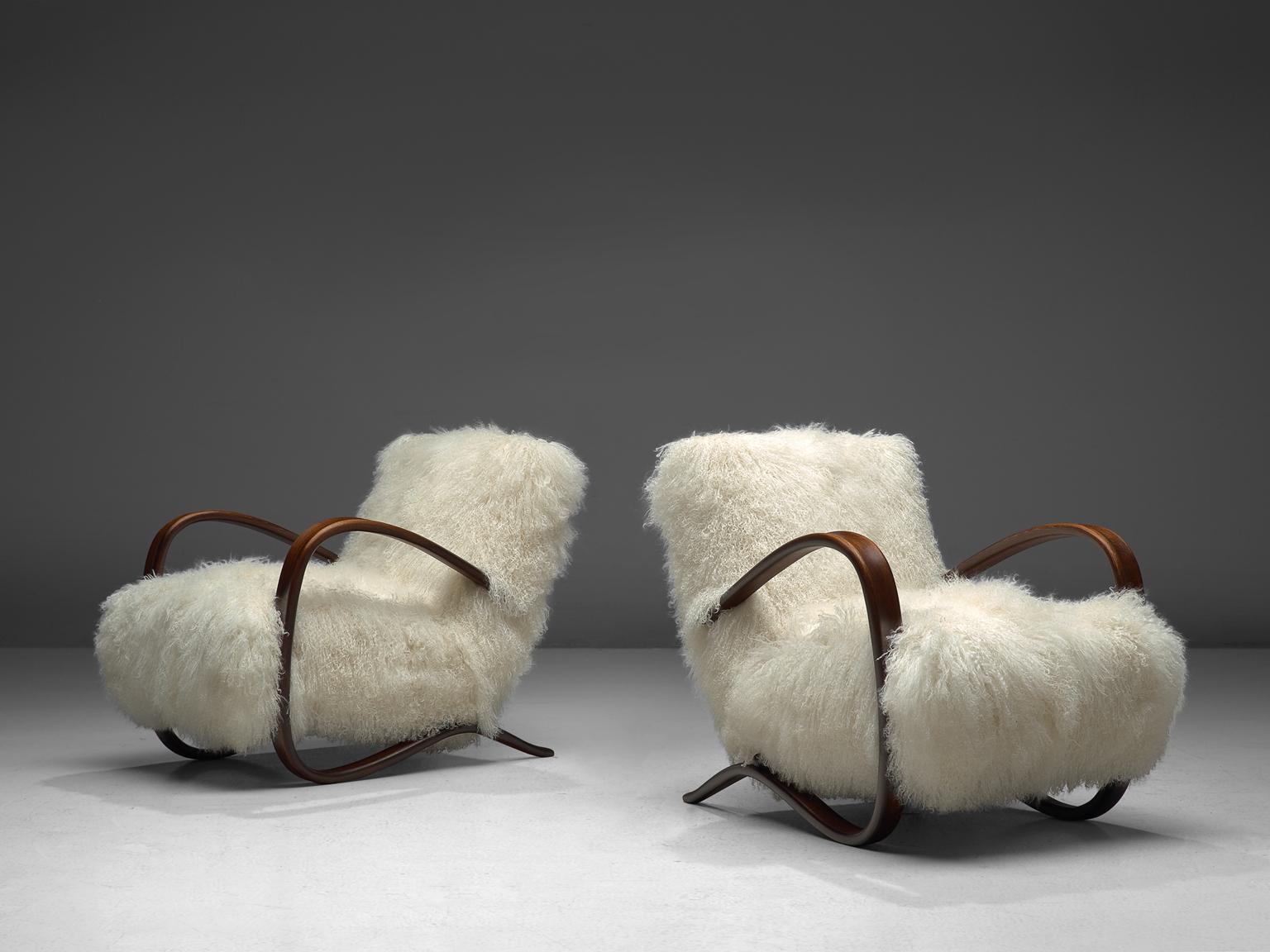 Stained Exclusive Jindrich Halabala Lounge Chairs with Tibetan Lambswool