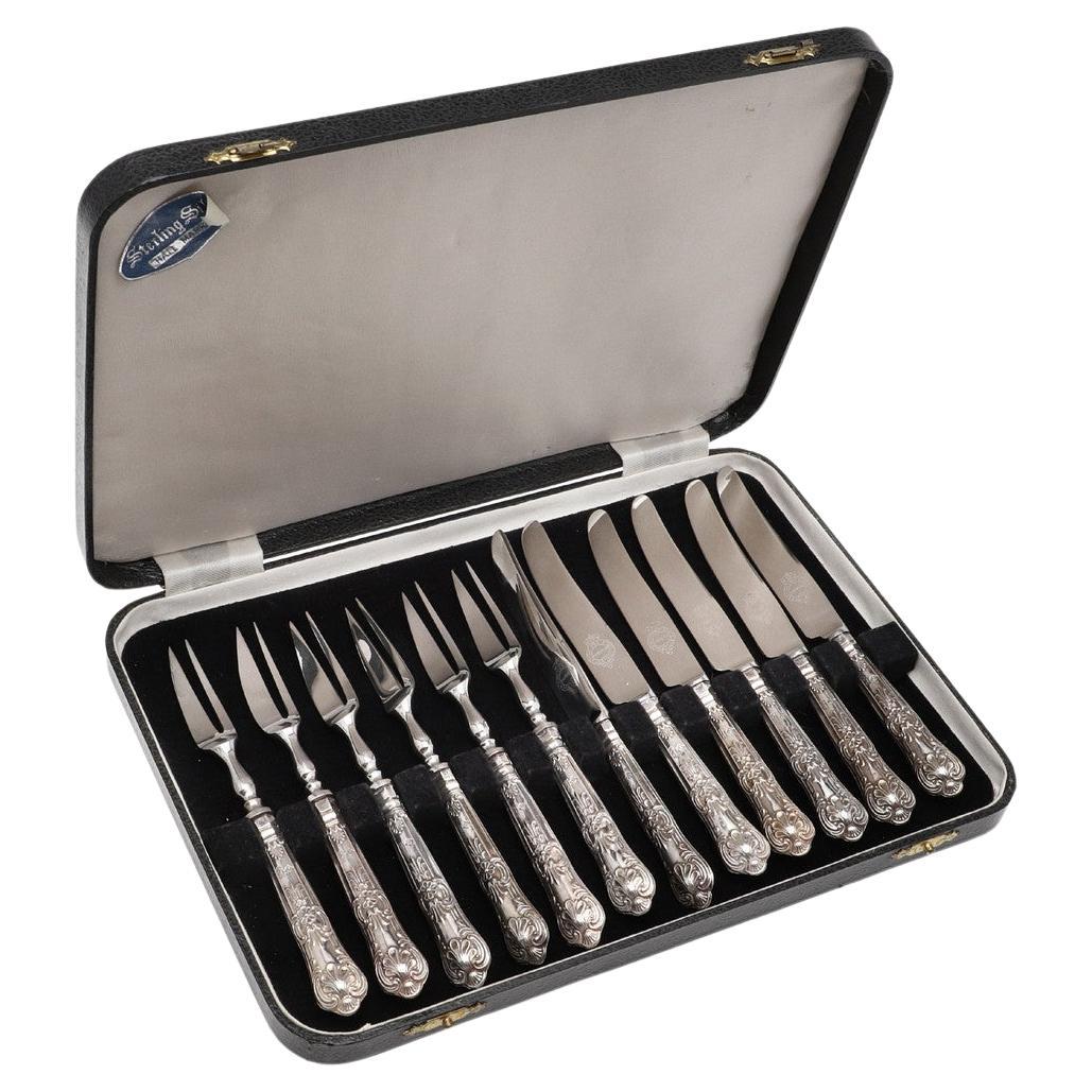Exclusive Knife and Fork Set, 12 pcs. Sterling Silver & Box, A CASE DESSERT SET For Sale