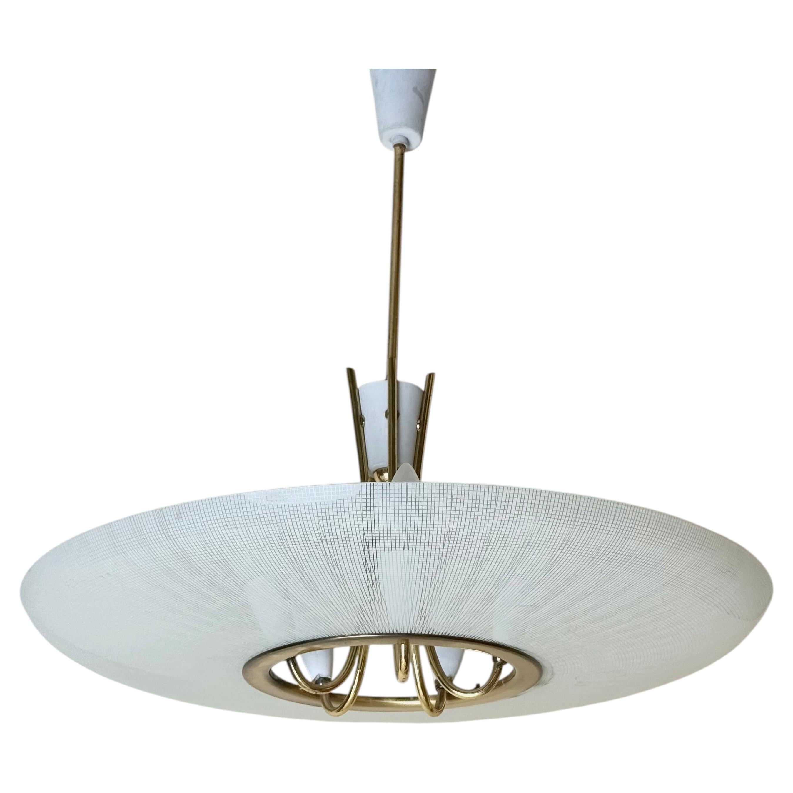 Exclusive Mid-Century Brass & Textured Glass Chandelier Elegant Statement Piece