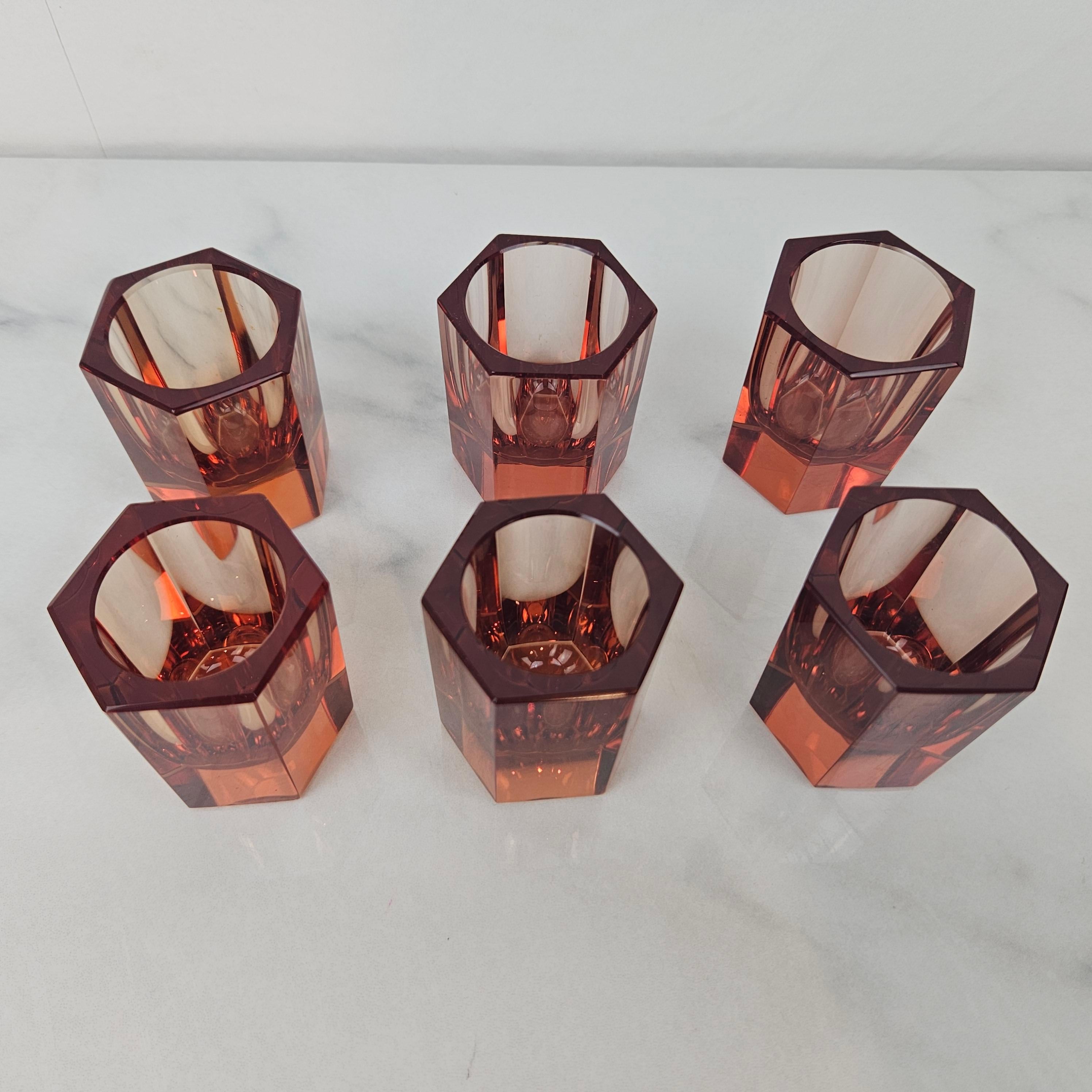 Tchèque Cristal exclusif de Moser - Ensemble de 6 verres ambrés à facettes, Tchécoslovaquie, années 1920 en vente