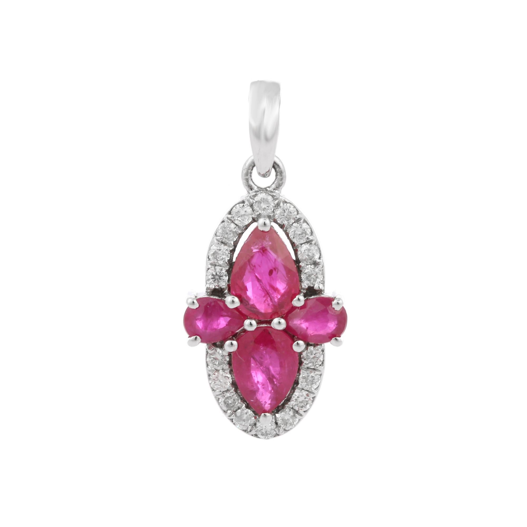 Exclusive ruby and diamond pendant in 14K Gold. It has a pear cut ruby with diamonds that completes your look with a decent touch. Pendants are used to wear or gifted to represent love and promises. It's an attractive jewelry piece that goes with