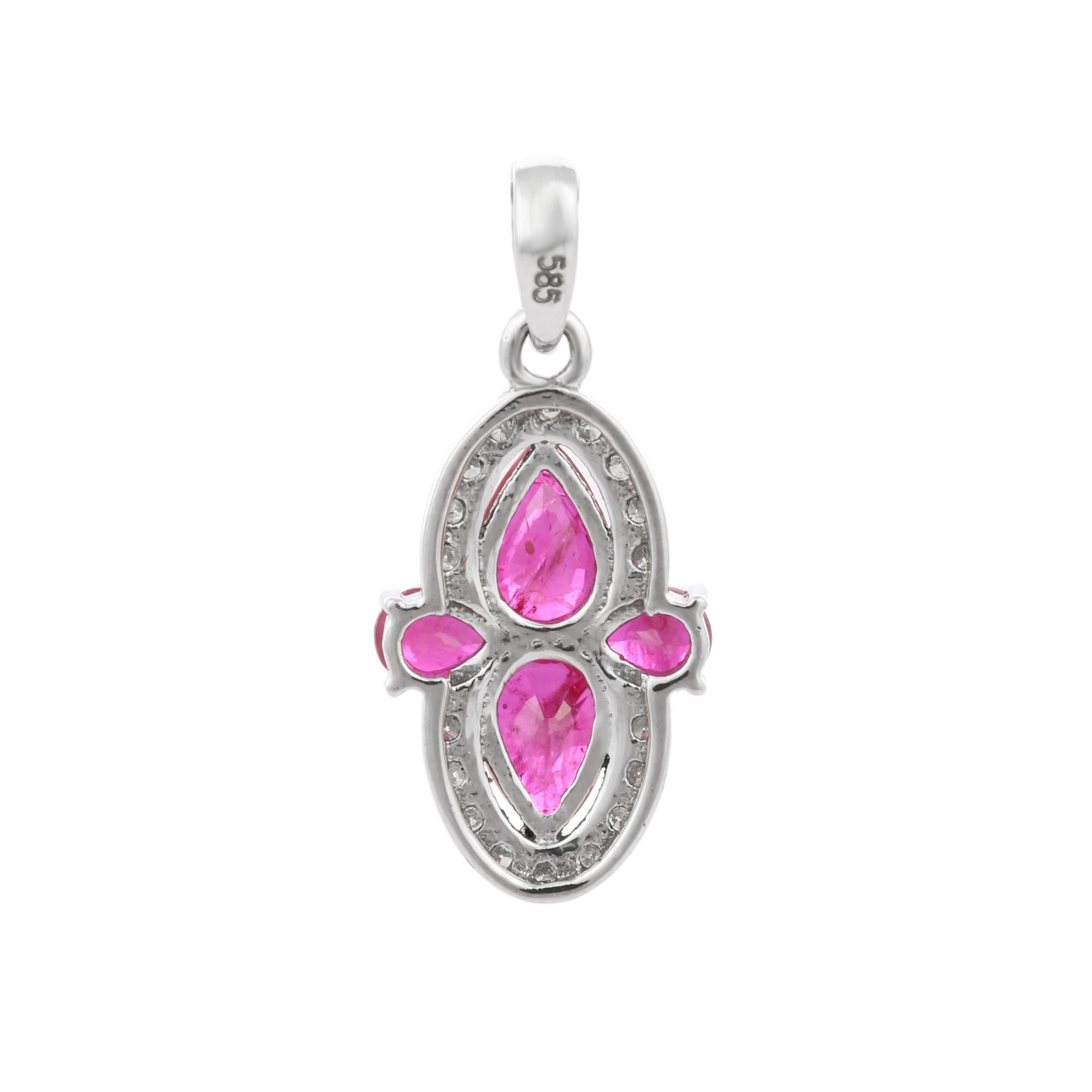 Art Nouveau Exclusive Natural 1.38 Ct Ruby and Diamond Pendant in 14k White Gold For Sale