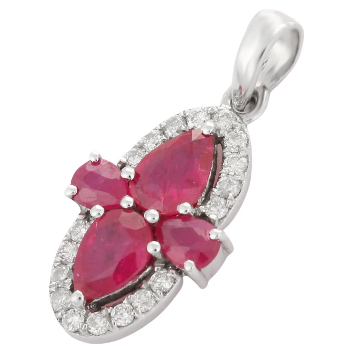 Exclusive Natural 1.38 Ct Ruby and Diamond Pendant in 14k White Gold For Sale