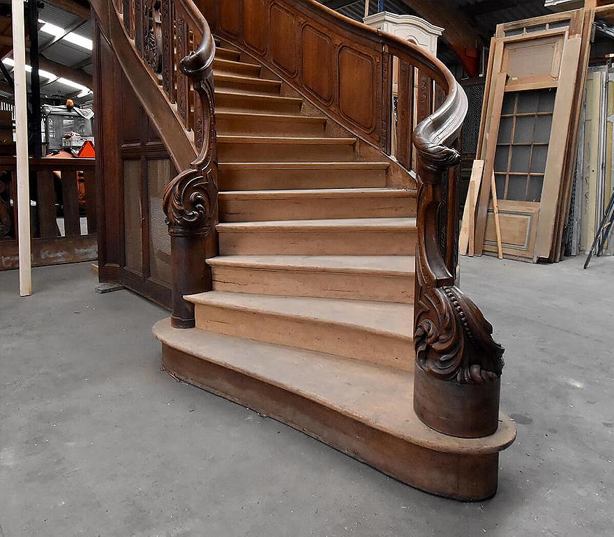 French Exclusive Oak Staircase with Carving and Balustrade 19th Century For Sale
