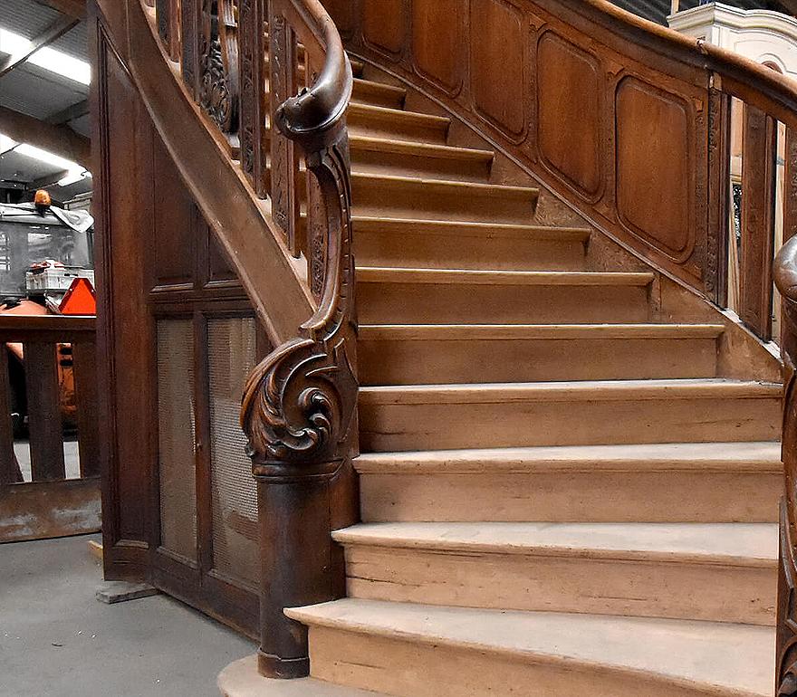 Hand-Carved Exclusive Oak Staircase with Carving and Balustrade 19th Century For Sale