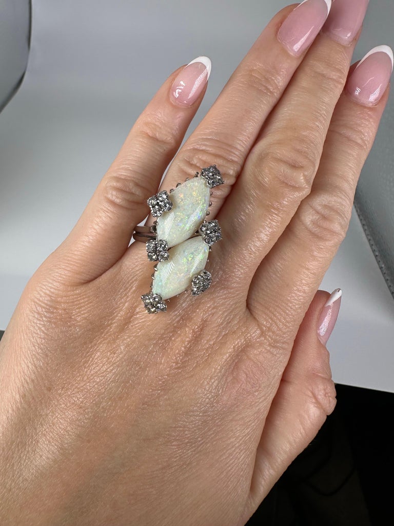 Bague Cocktail Opale Et Diamants - Or Blanc 585 14k - Taille 57 - Vintage
