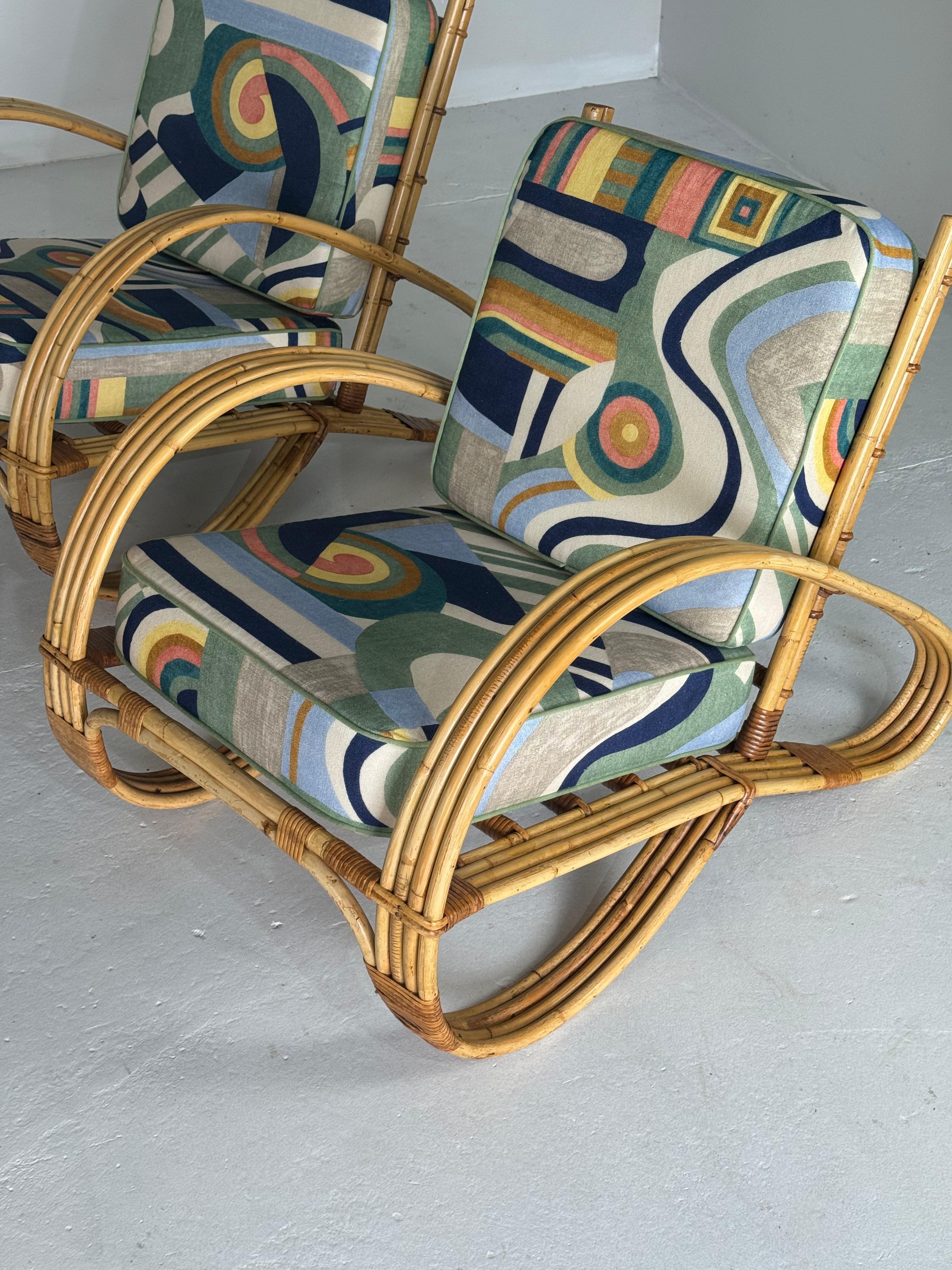 Exclusive pair of bamboo rattan lounge chairs For Sale 12