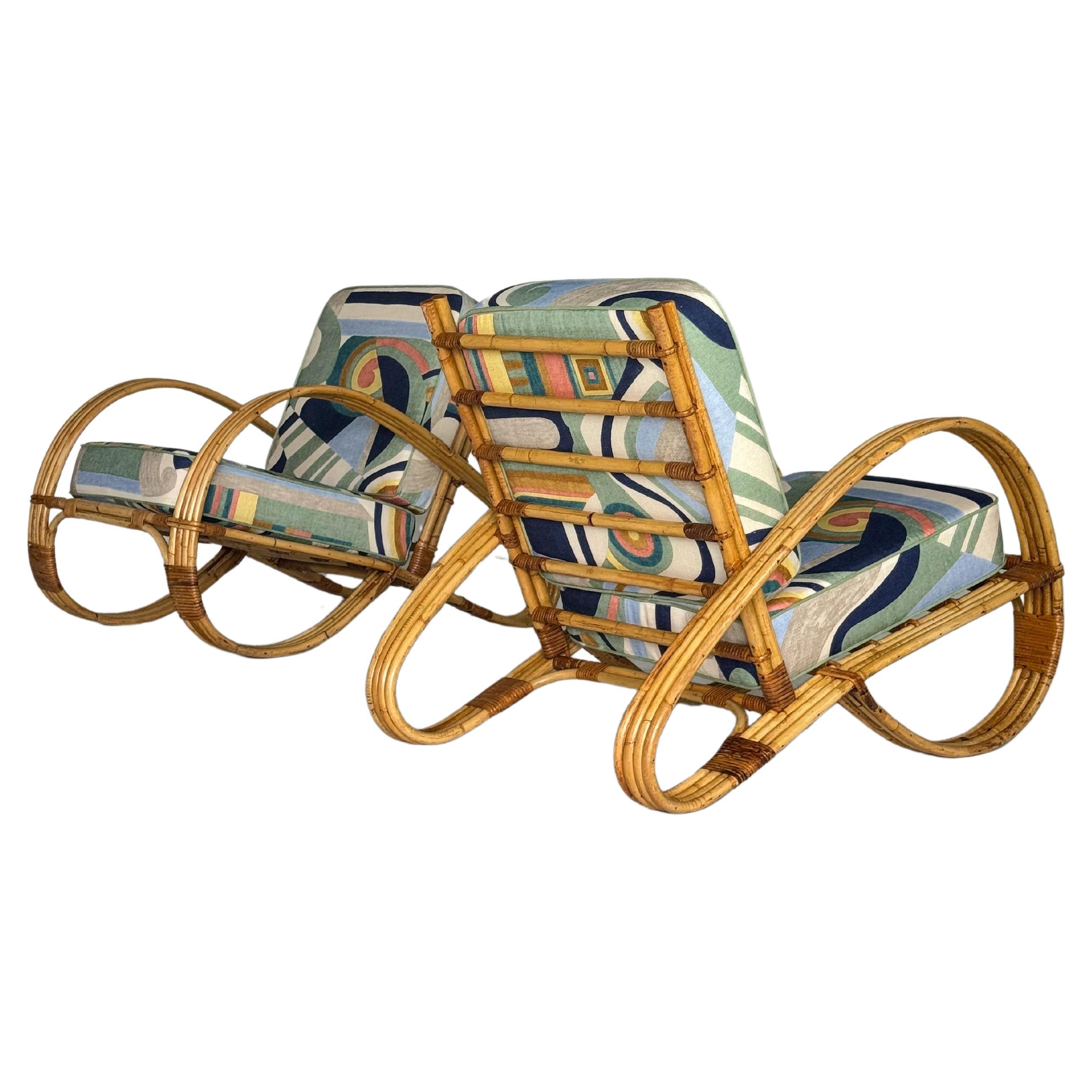 Exclusive pair of bamboo rattan lounge chairs For Sale