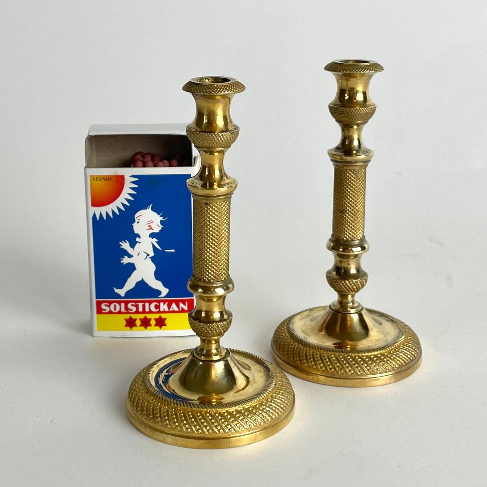 French Exclusive Pair of Miniature Gilt Bronze Candlesticks – Empire, France c. 1820 For Sale