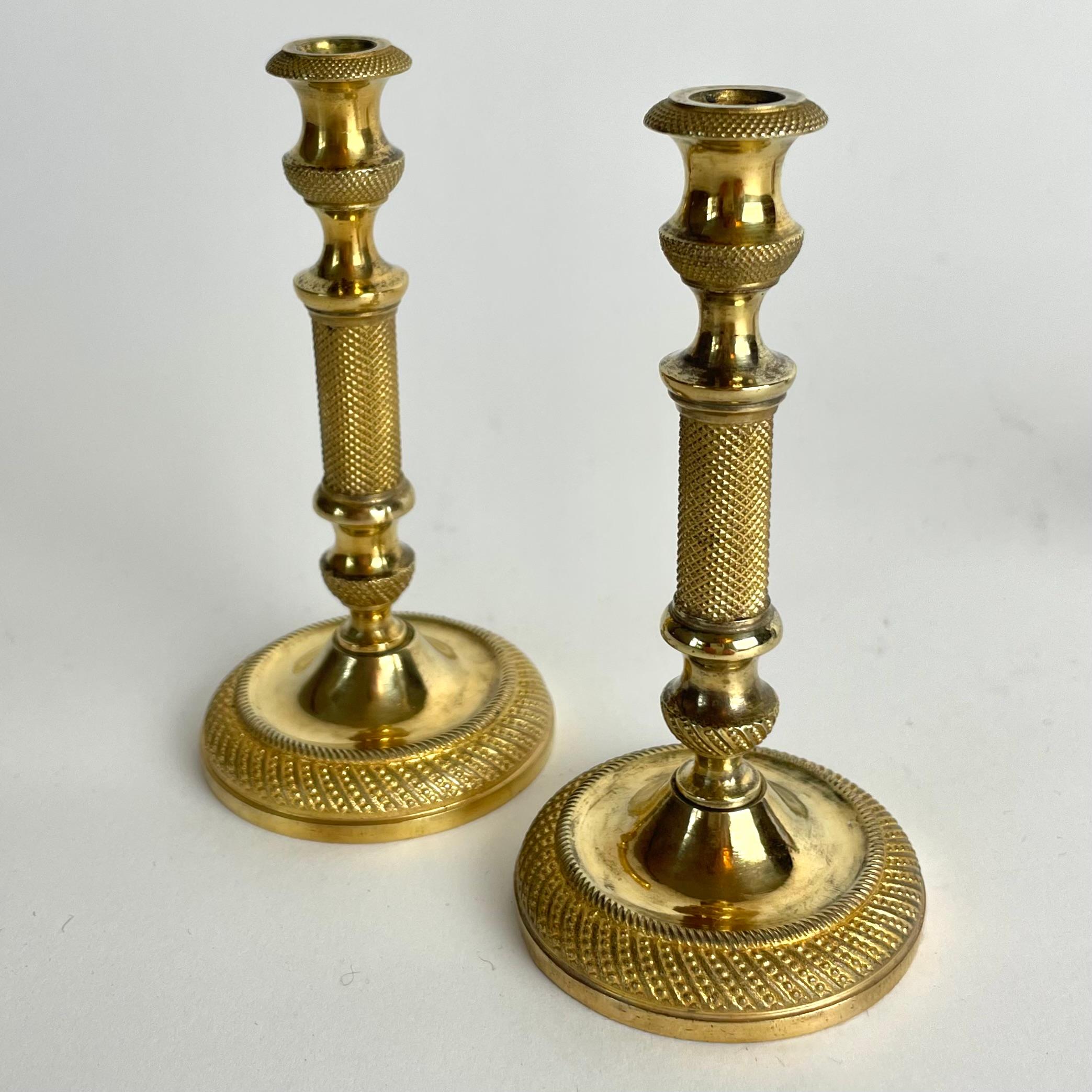 Early 19th Century Exclusive Pair of Miniature Gilt Bronze Candlesticks – Empire, France c. 1820 For Sale