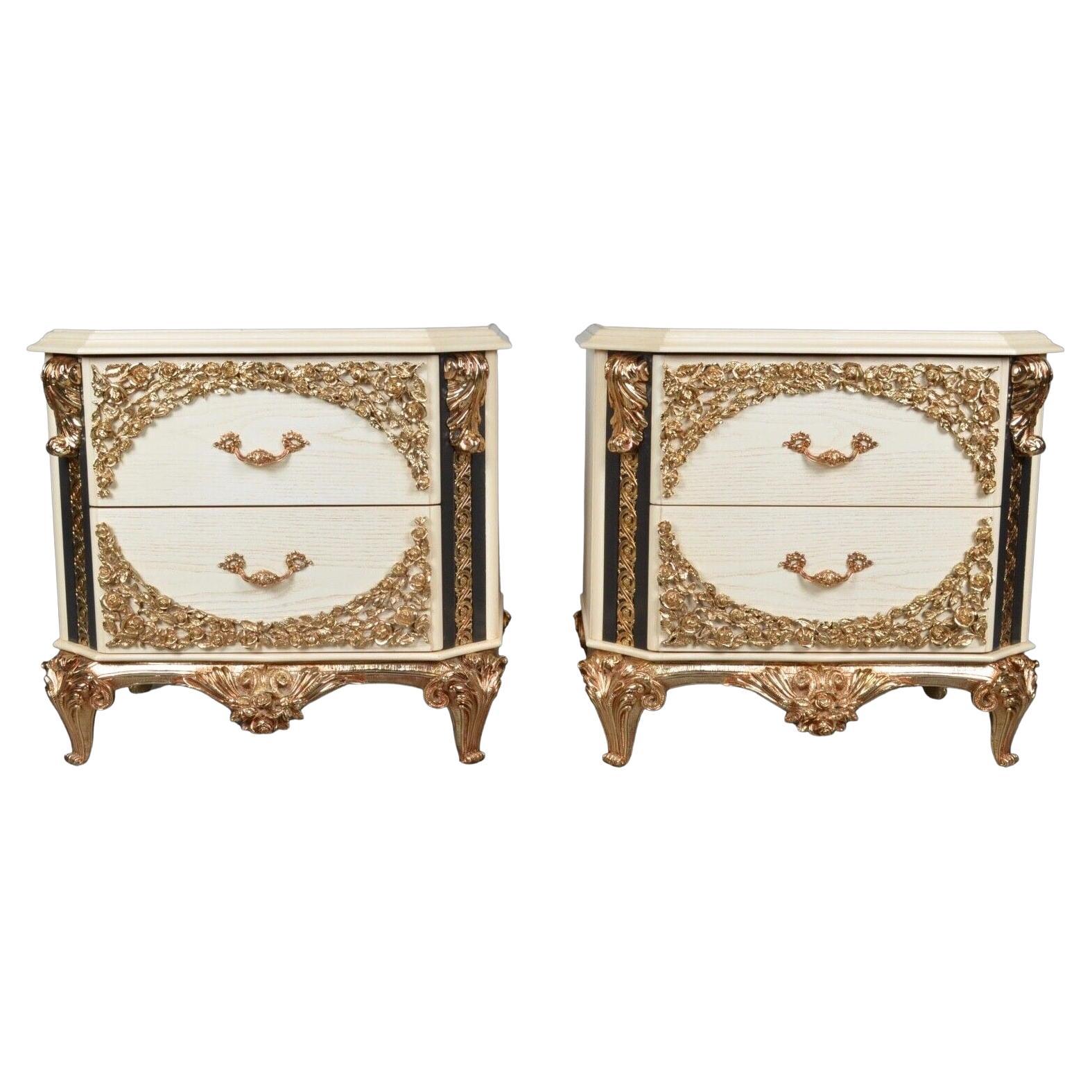 We are delighted to offer for sale these lovely pair of rare rococo Vidal Grau bedside tables. 

Their furniture range was based on a contemporary design using traditional quality materials such as wood, metal, glass, marble, and other innovative