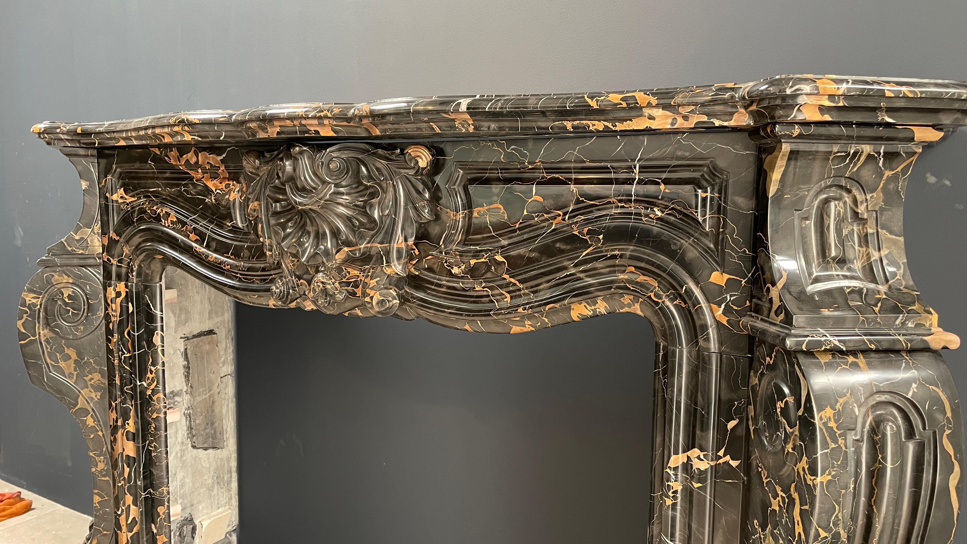Exclusive Portoro Marble Black and Gold Antique Louis XVI Fireplace   For Sale 10