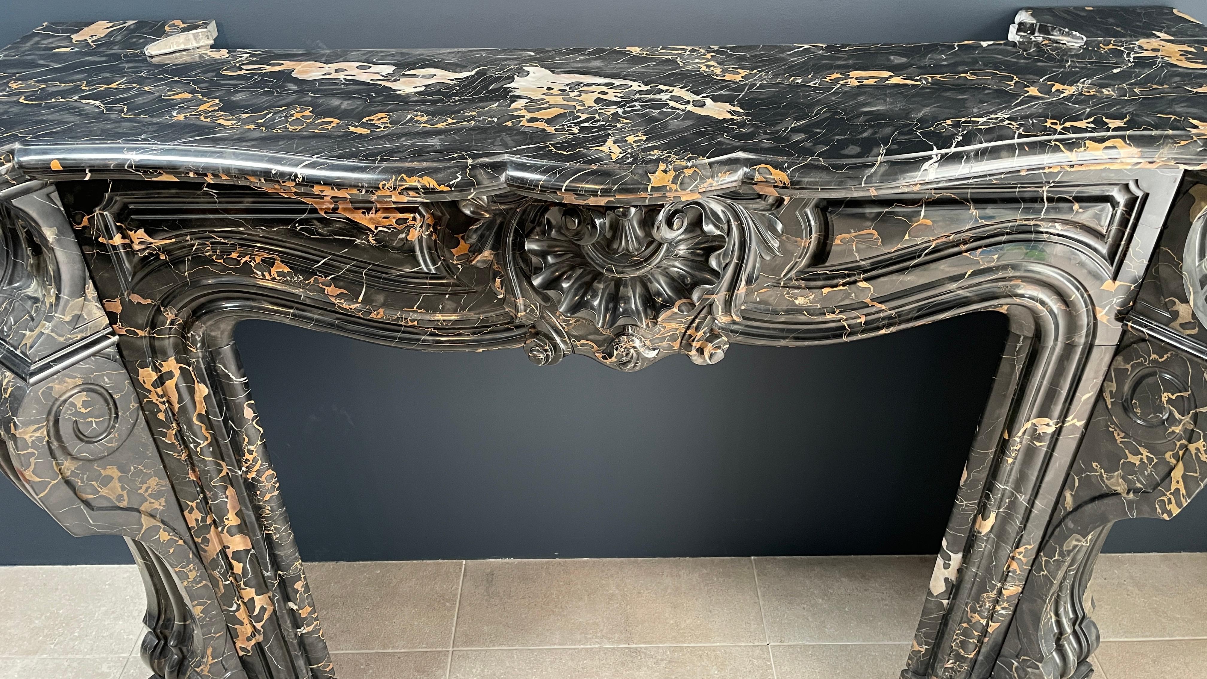 Belgian Exclusive Portoro Marble Black and Gold Antique Louis XVI Fireplace For Sale