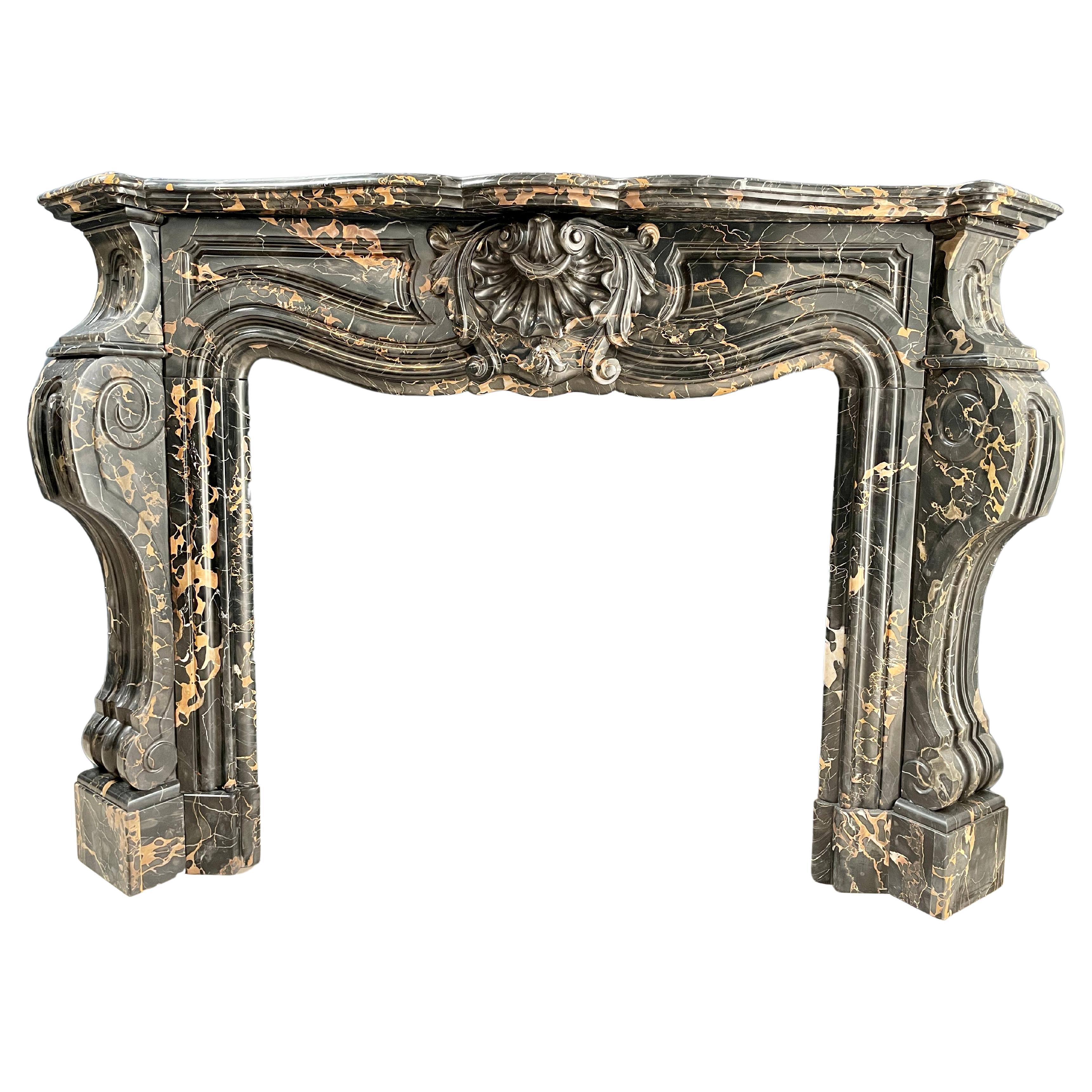 Exclusive Portoro Marble Black and Gold Antique Louis XVI Fireplace For Sale