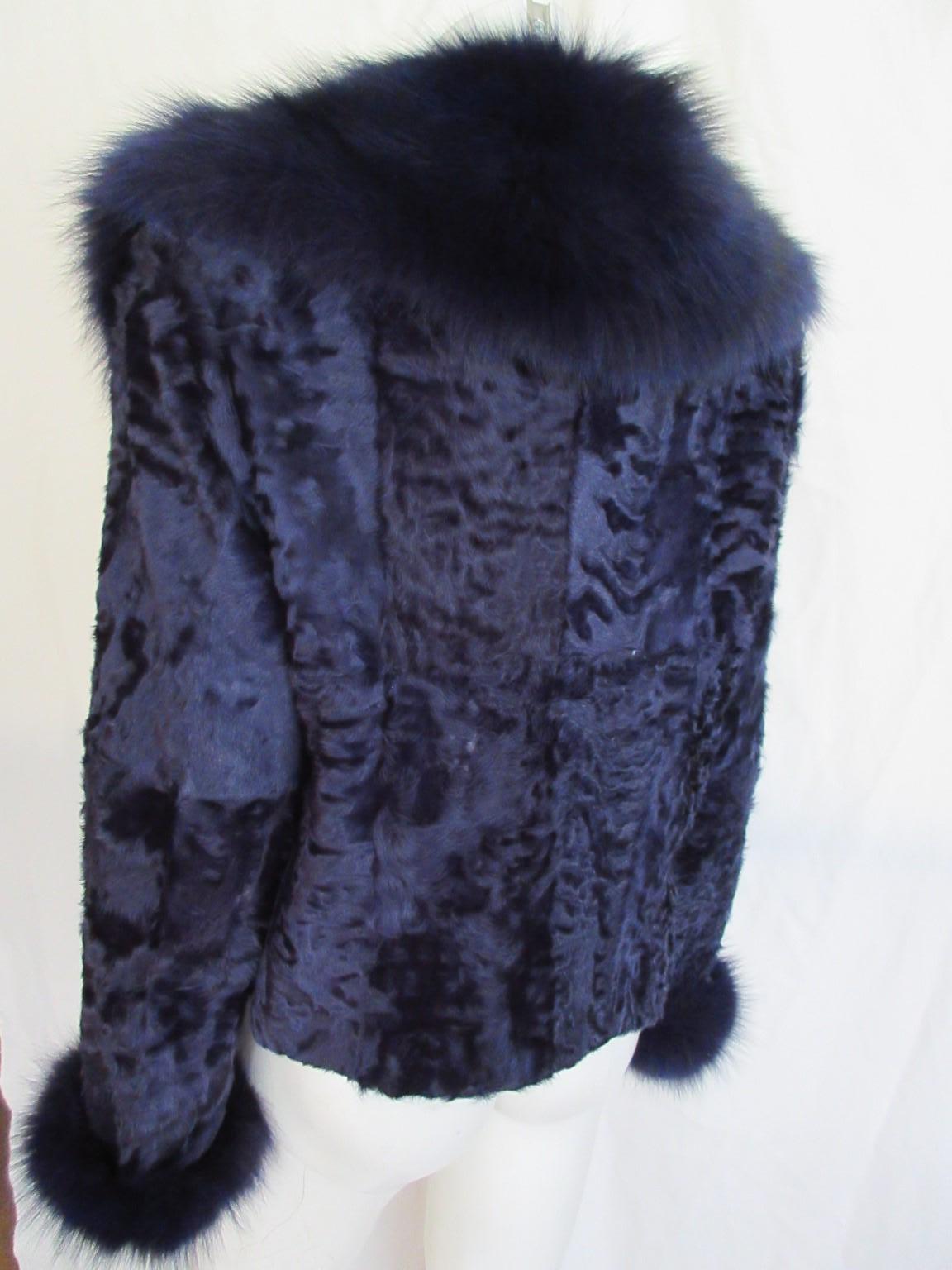 Black Exclusive Purple Blue Lamb Fox Fur Jacket For Sale