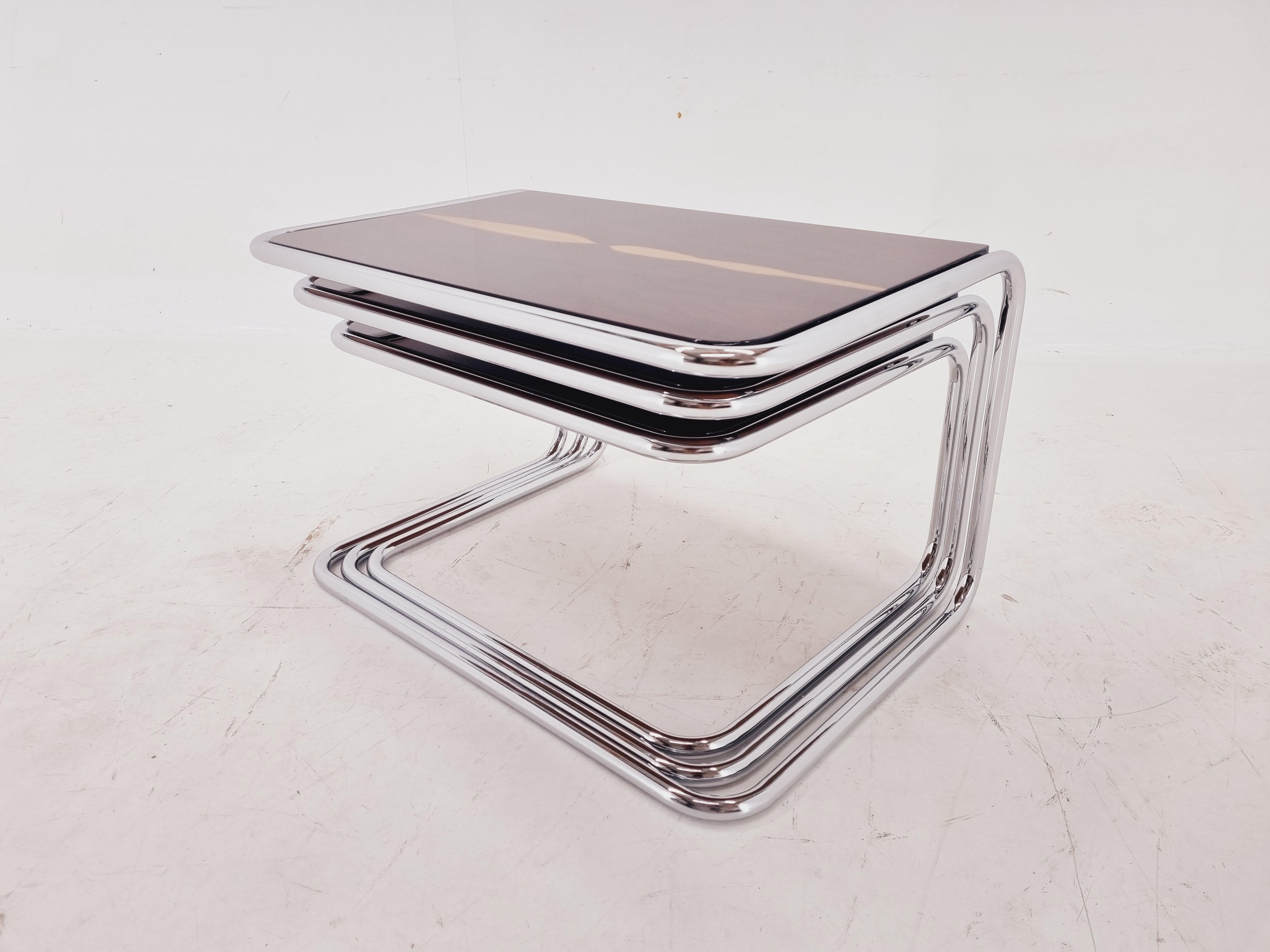 Exclusive Rare Midcentury Nesting Tables, Cocobolo Palisandr and Chrome, 1950s. For Sale 4