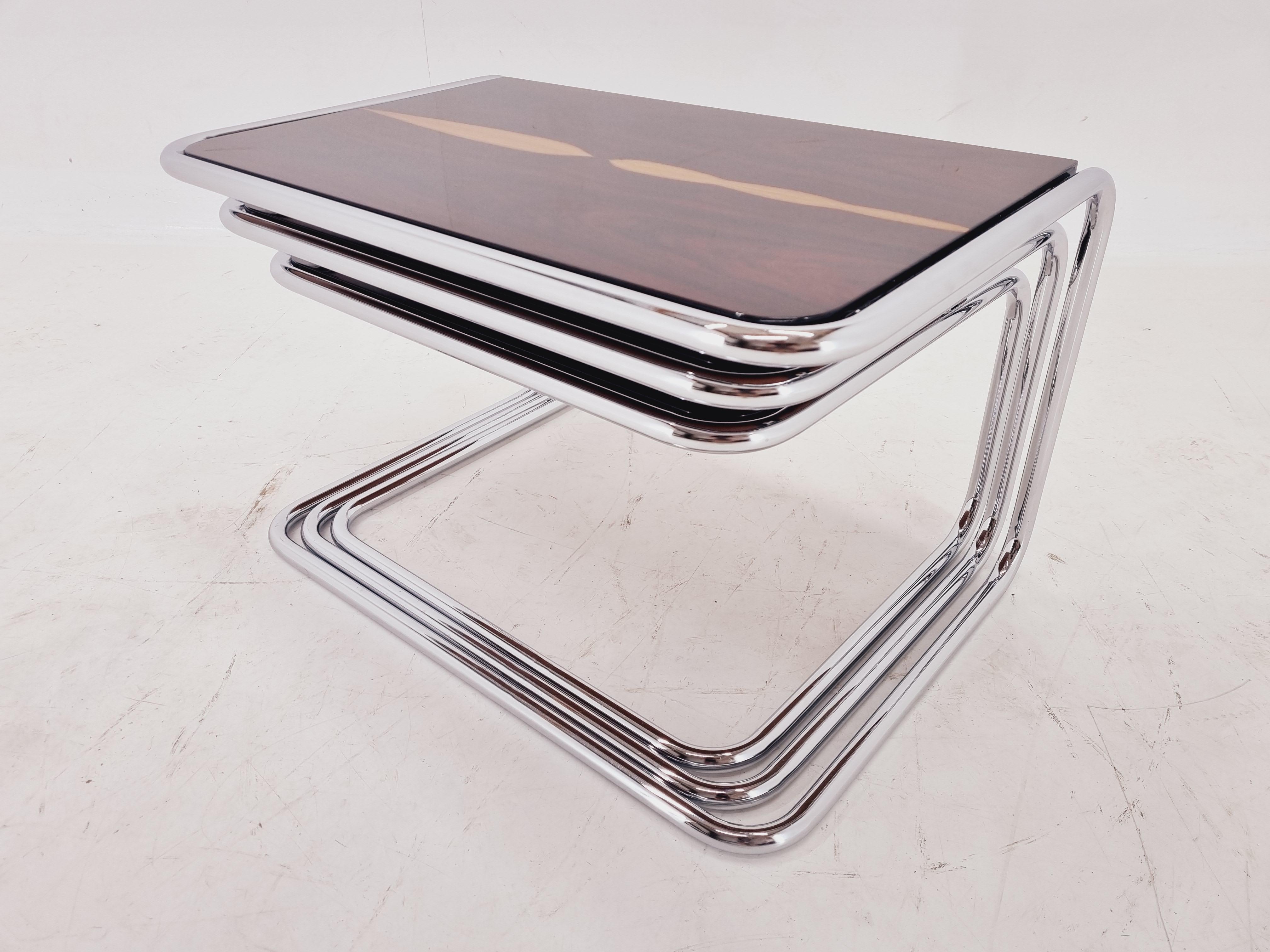 Bauhaus Exclusive Rare Midcentury Nesting Tables, Cocobolo Palisandr and Chrome, 1950s. For Sale