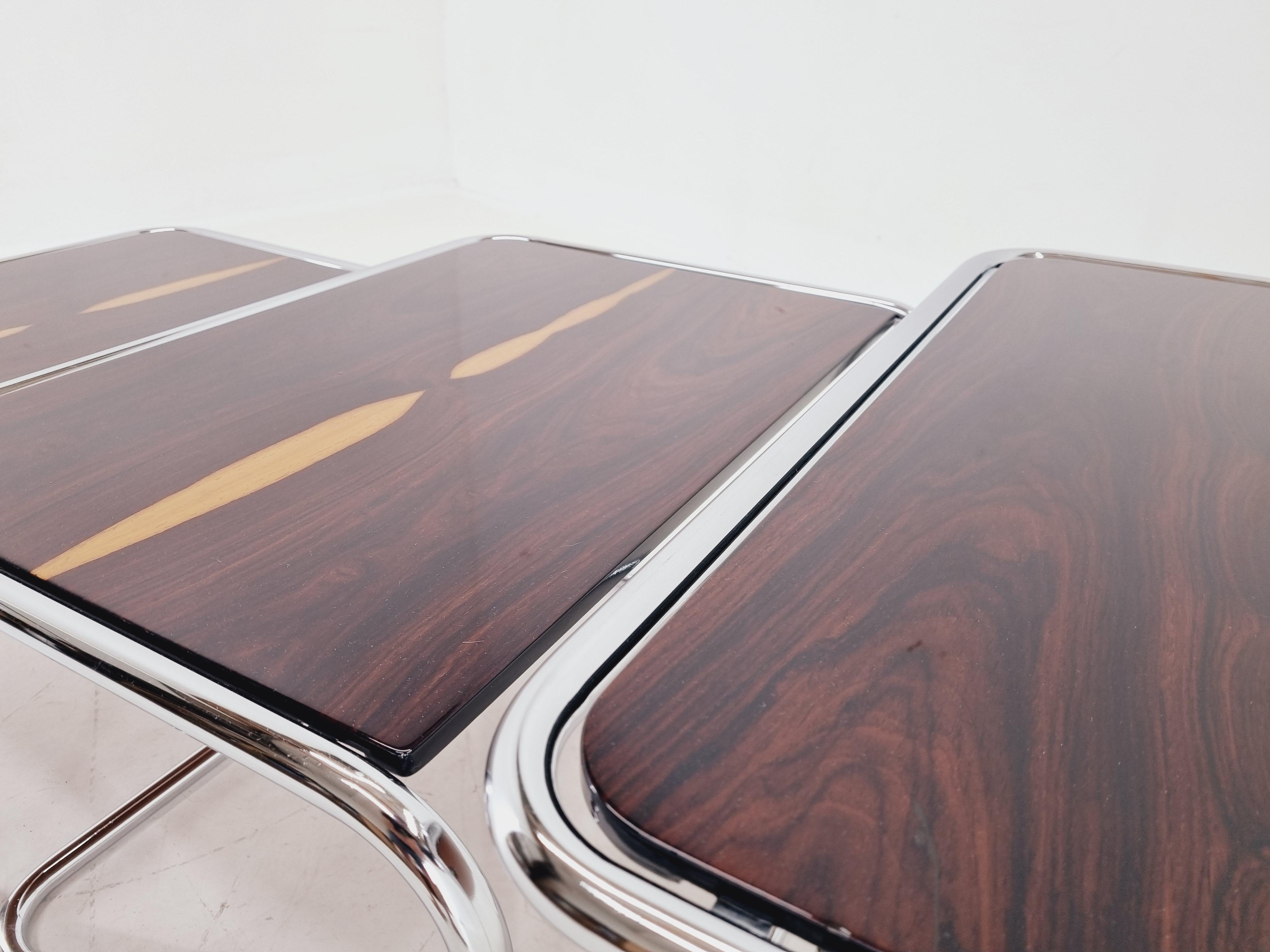 Exclusive Rare Midcentury Nesting Tables, Cocobolo Palisandr and Chrome, 1950s. In Excellent Condition For Sale In Praha, CZ