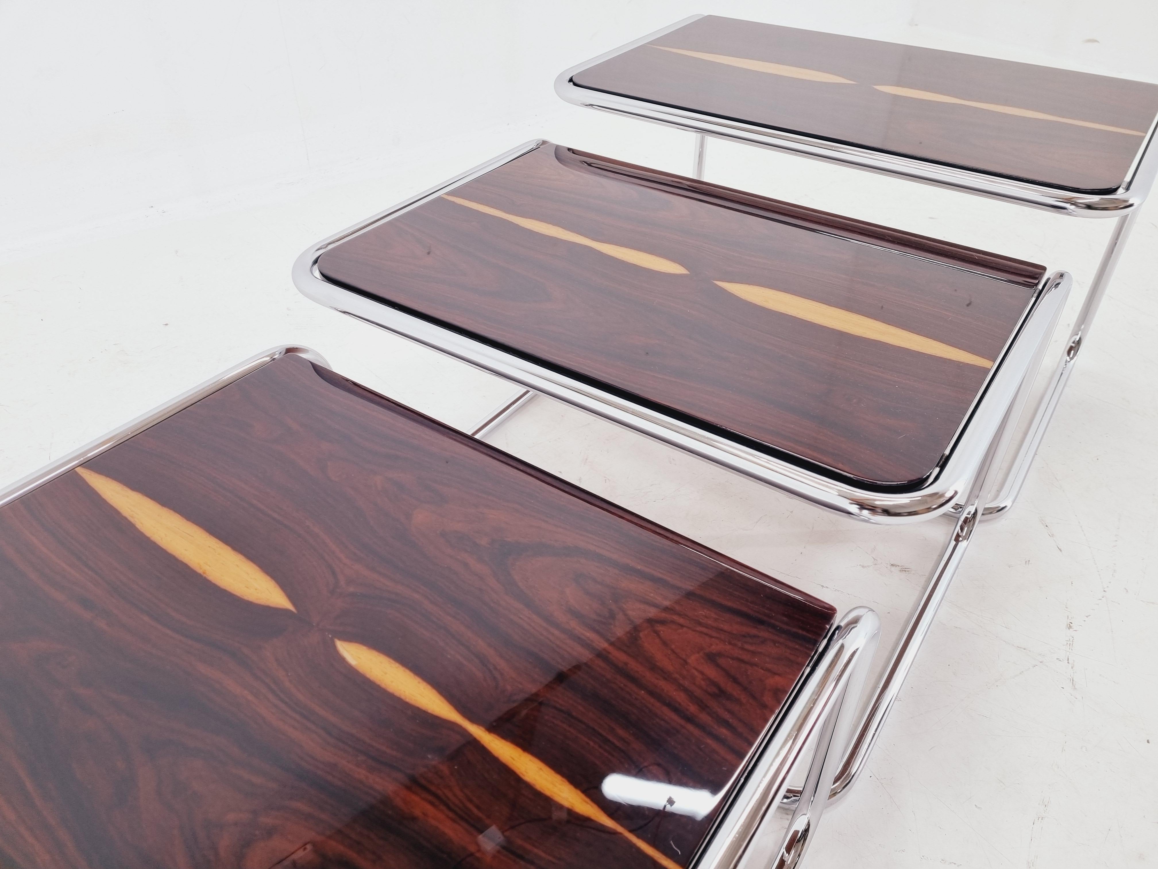 Mid-20th Century Exclusive Rare Midcentury Nesting Tables, Cocobolo Palisandr and Chrome, 1950s. For Sale