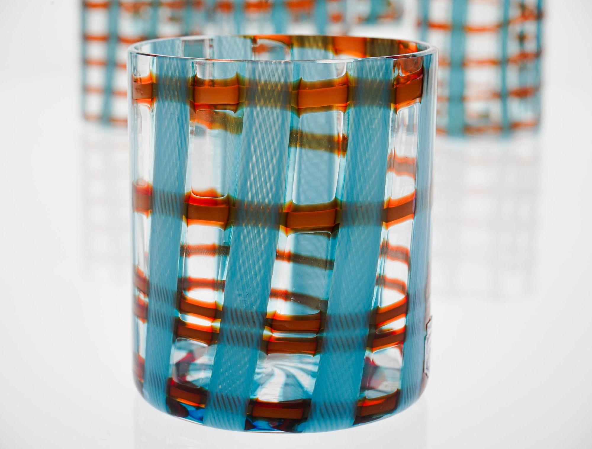 Exclusive Set, 6 Murano Tumblers, Blue Zanfirico crossing Orange Bead, Cenedese In Good Condition For Sale In Tavarnelle val di Pesa, Florence